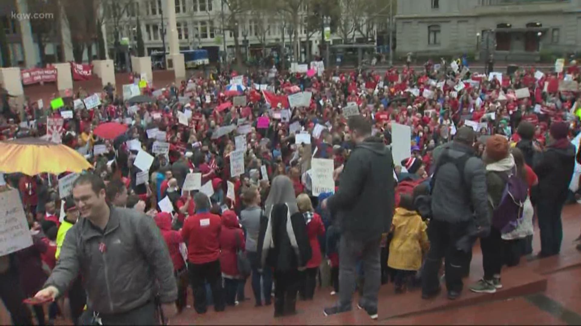 Portland teachers rallied in Pioneer Courthouse Square for school funding.