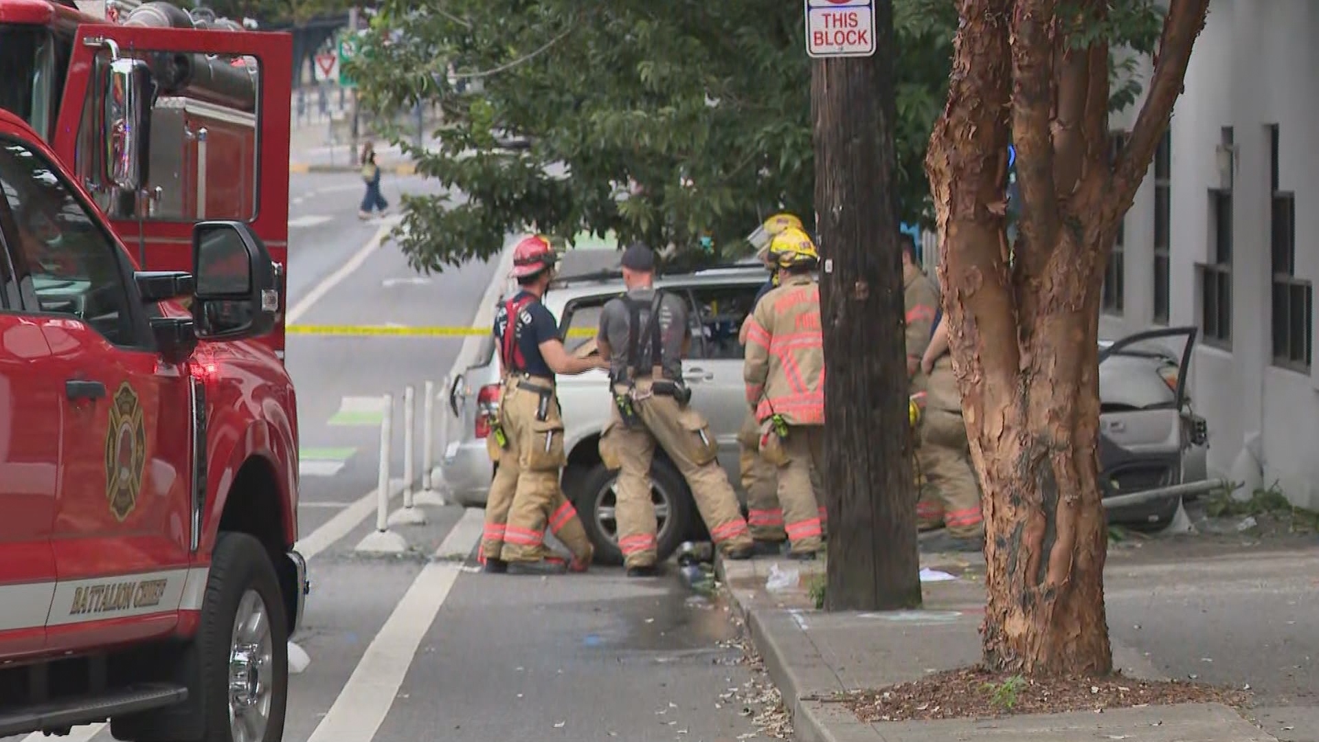 Portland firefighters rescue person trapped in car after hitting tree ...