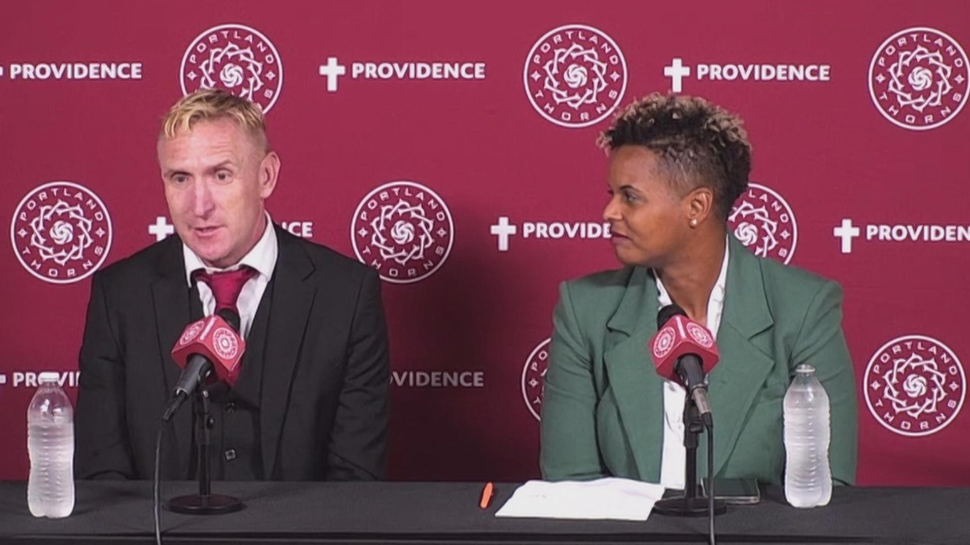 Rob Gale and Karina LeBlanc, the general manager of the Portland Thorns FC, spoke during a news conference on July 19, 2024.