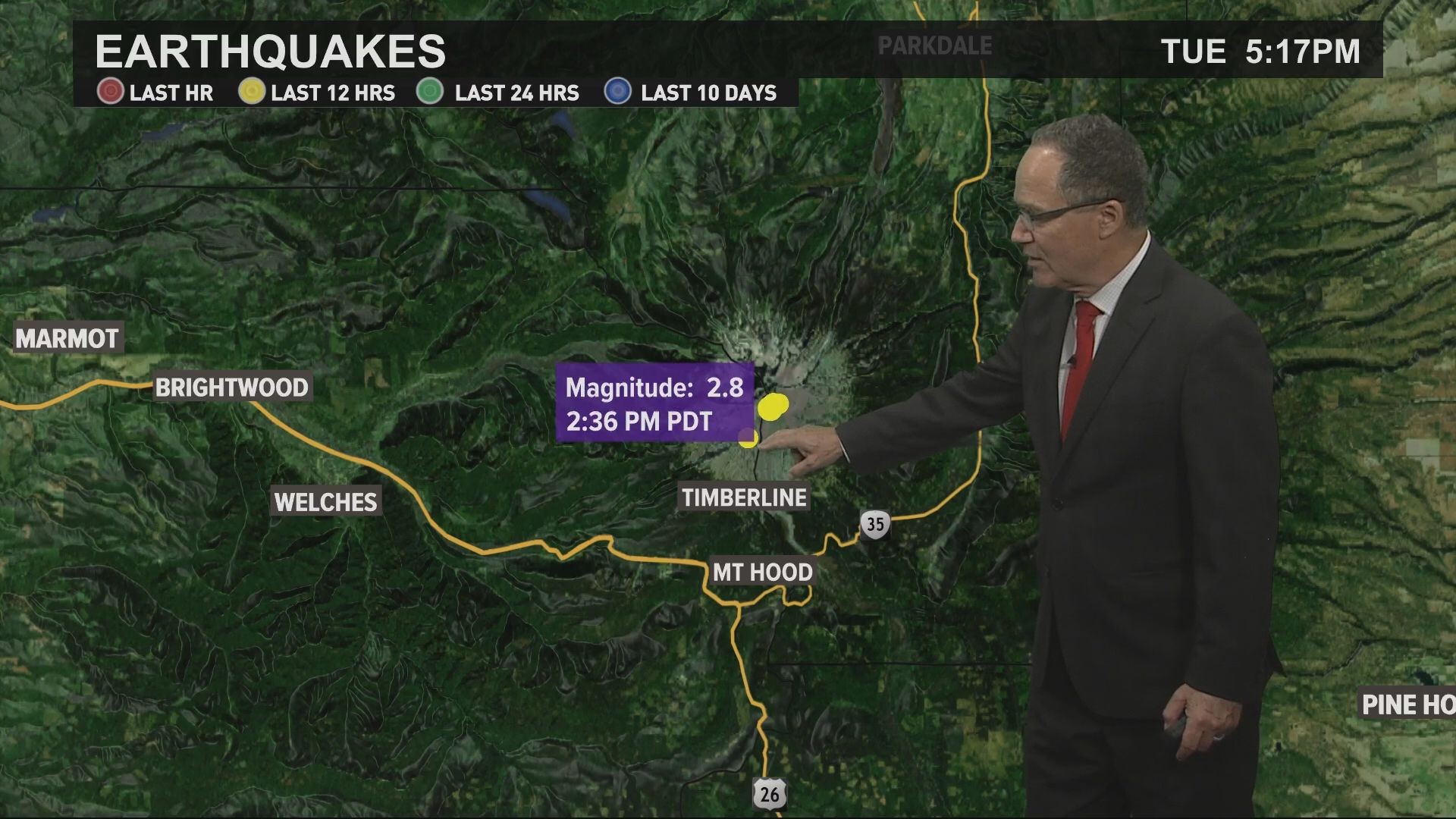 Two earthquakes struck at magnitudes between 2.6 and 3.0 near Mount Hood Tuesday afternoon.