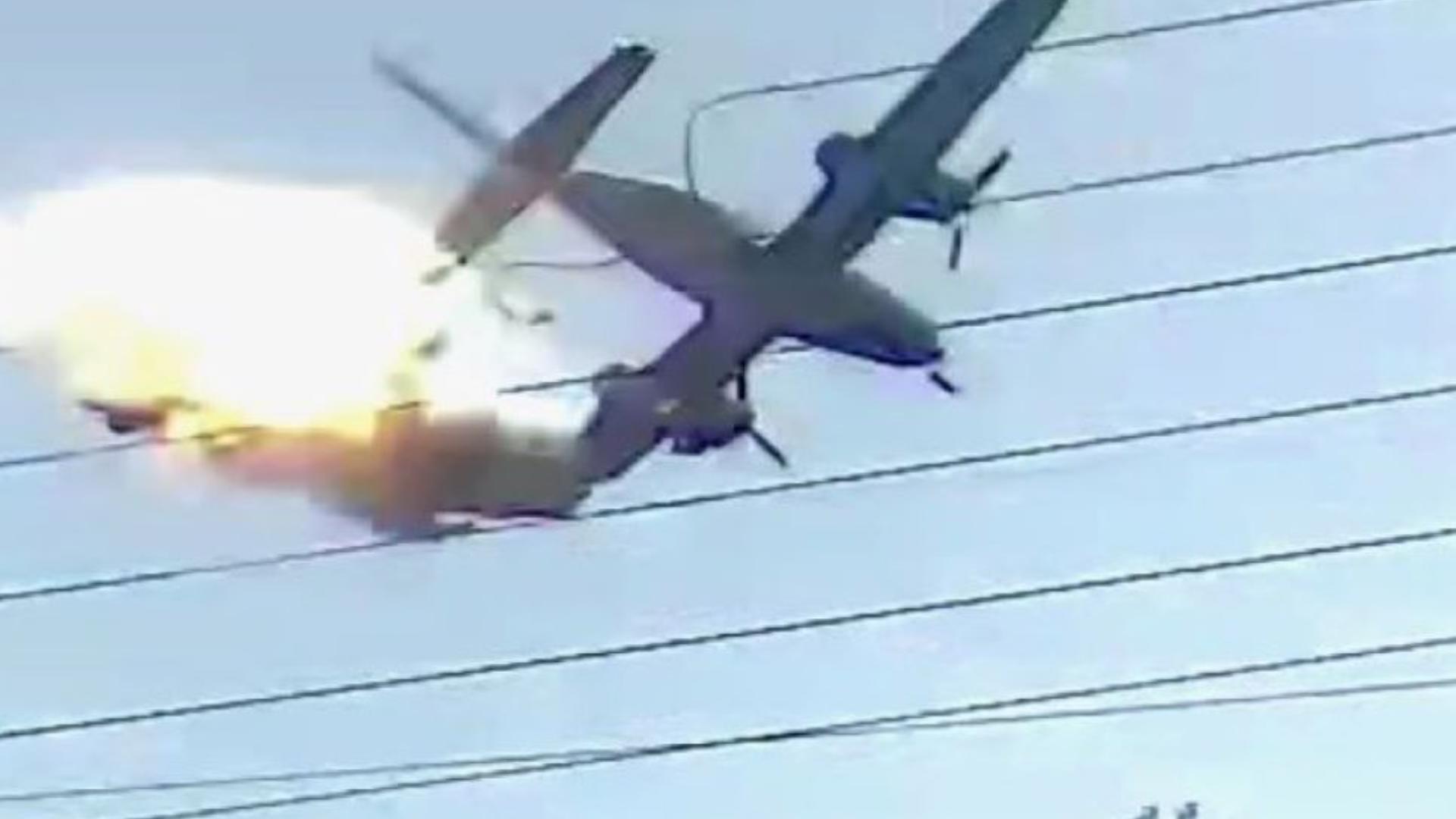 Caught on camera: Video shows the plane clipping power lines, bursting into fire and crashing into a row of townhomes in Fairview, Oregon. Three people died.