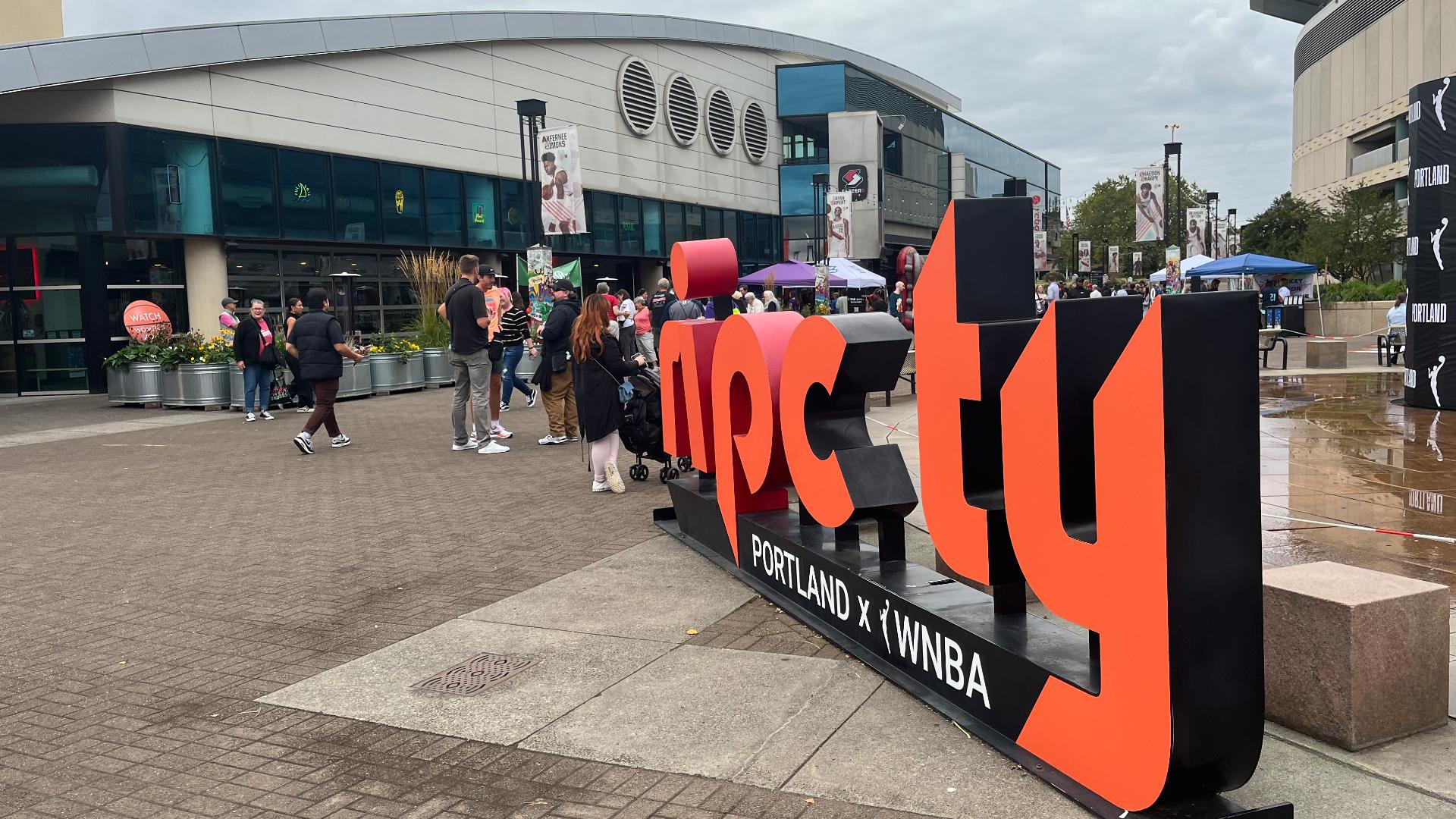 WNBA fans celebrated in the Rose Quarter outside the Moda Center after it was announced professional women's basketball is returning to Portland.