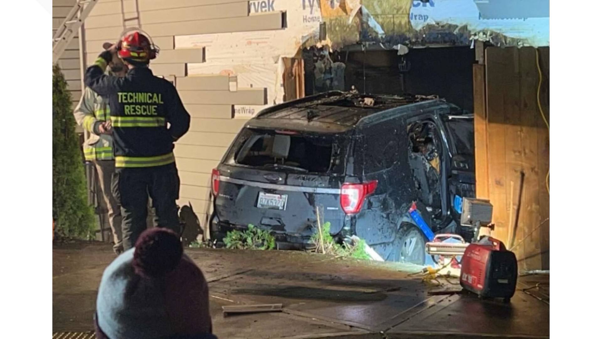 A 17-year-old and a 14-year-old were arrested after a vehicle crashed into a home and started a fire in Vancouver. A 5-year-old inside the home had minor injuries.