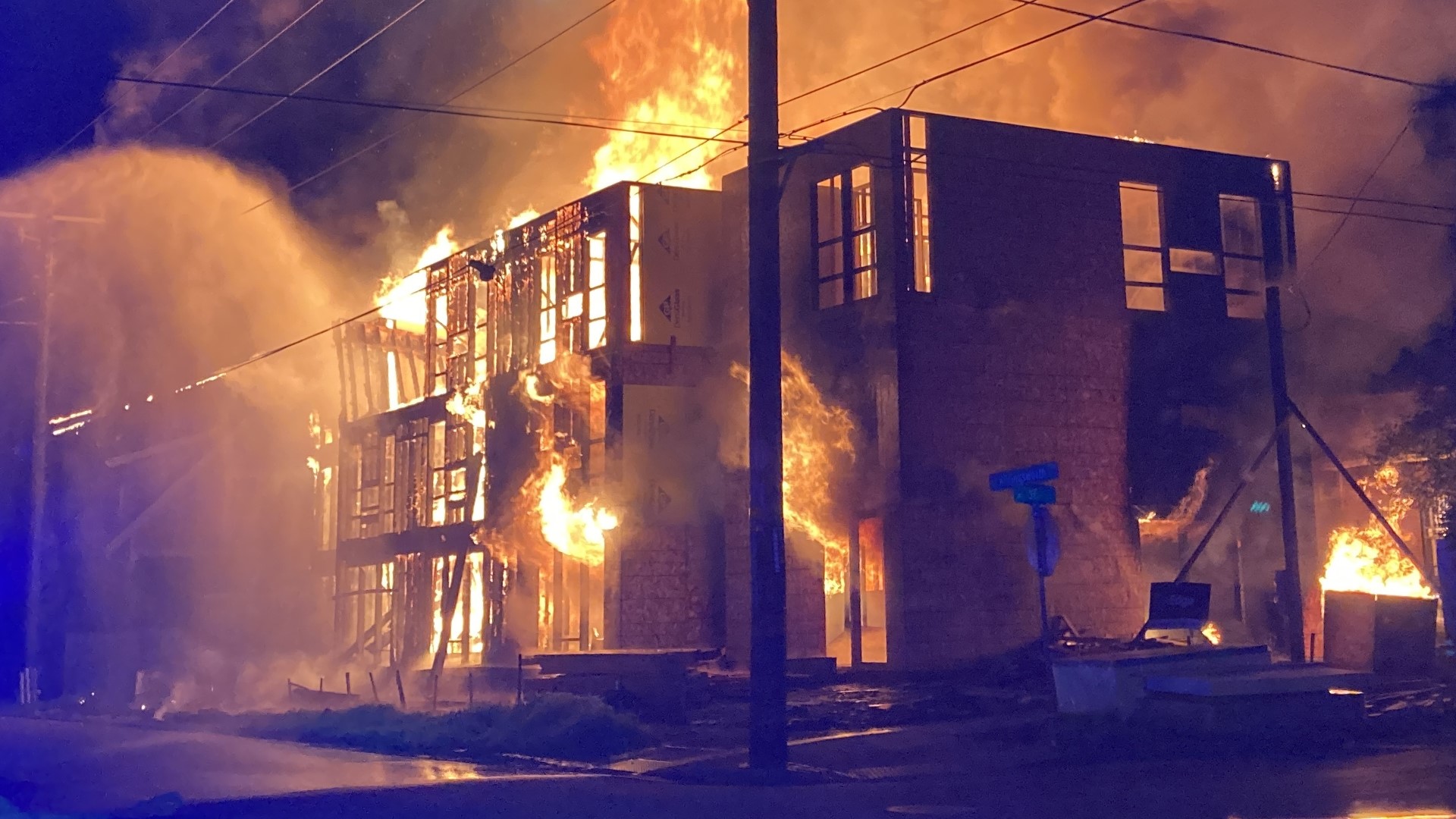 A fire destroyed several buildings that were under construction near Northeast 36th Avenue and Killingsworth Street. Fire officials are investigating the cause.