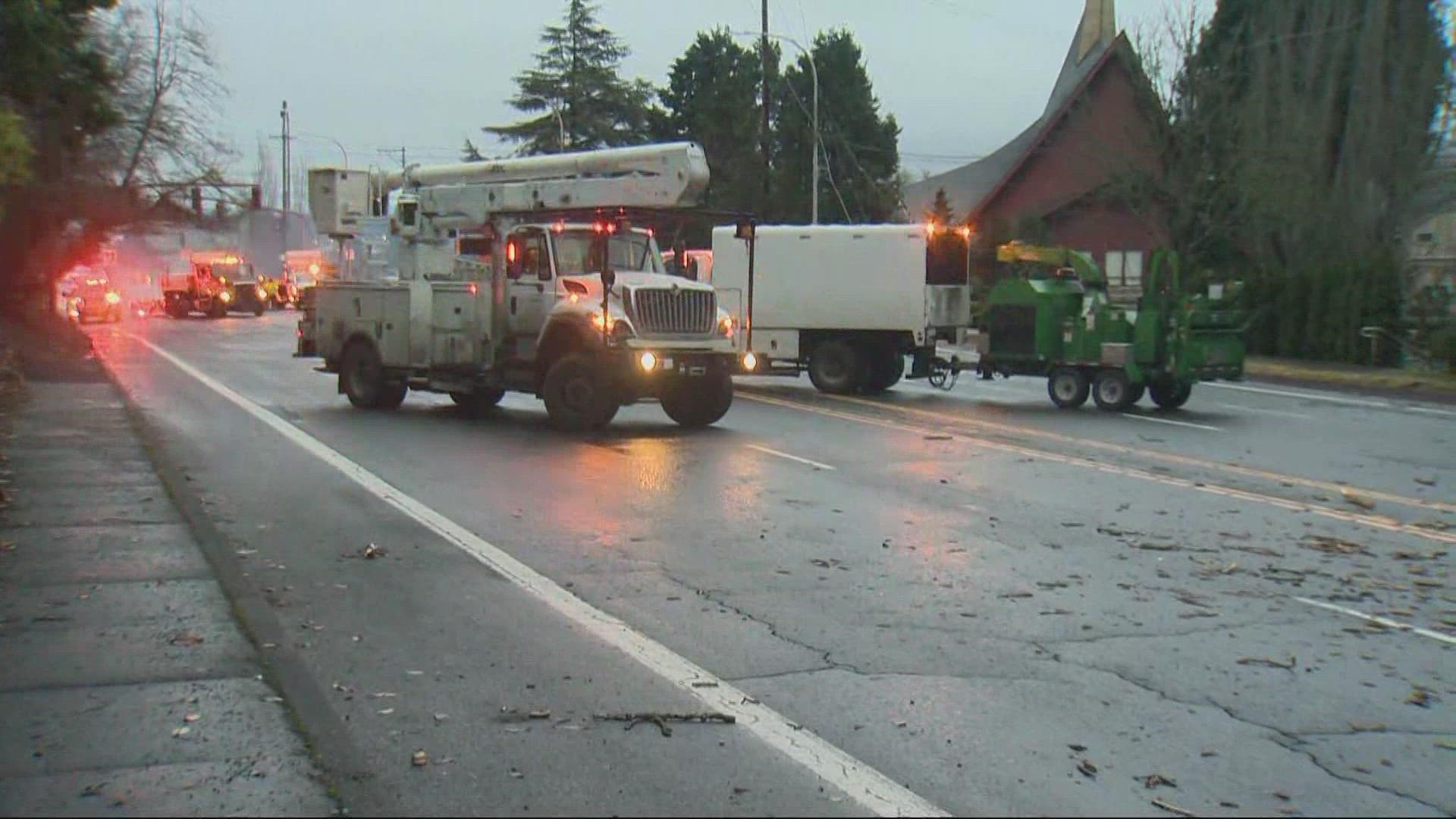 Downed trees and powerlines closed a stretch of Southwest Barbur Boulevard between Hamilton Street and Capitol Highway in Portland on March 1.