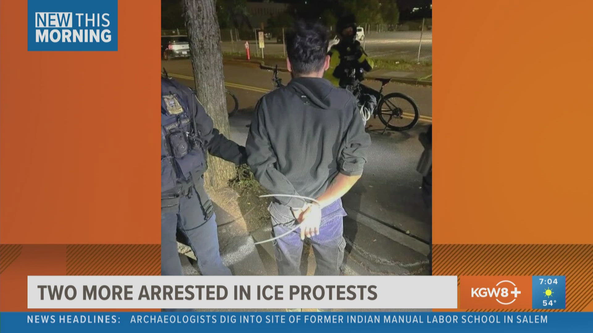 Police officers arrest two protesters at the Portland ICE facility. One person faces a citation after allegedly pointing a laser at federal officers.