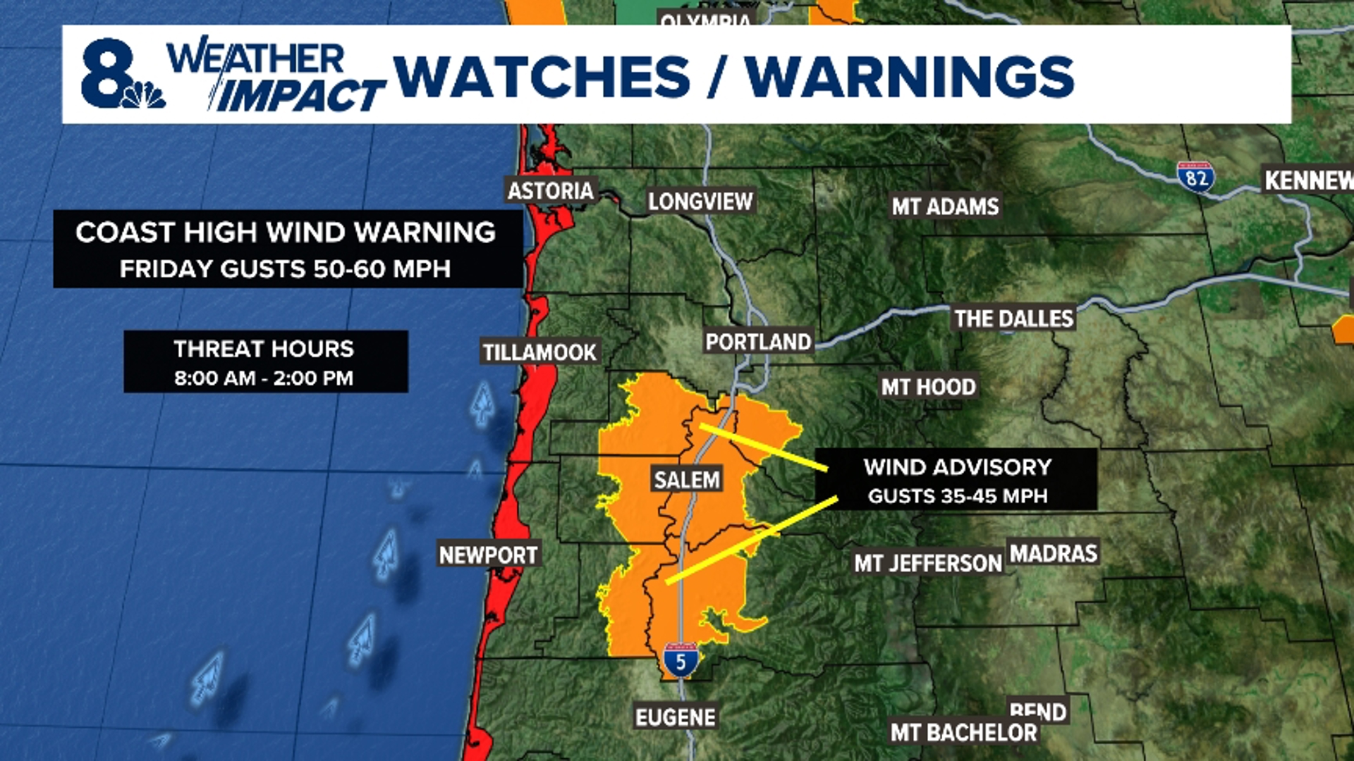 KGW has issued a Weather Impact Alert for the Oregon Coast and the Willamette Valley south of Portland due to high winds Friday.