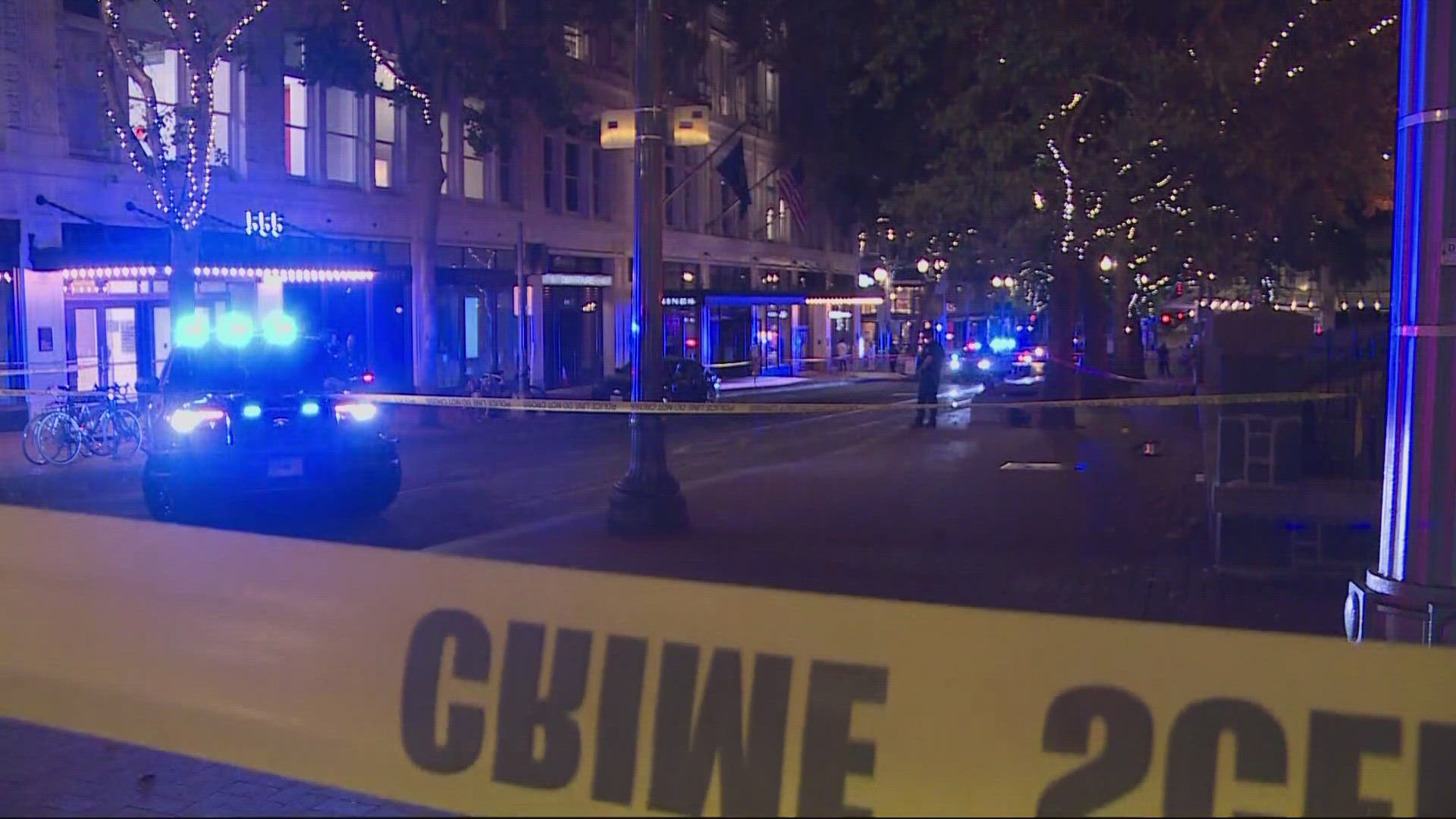 The man was shot Tuesday night near Southwest Morrison Street and Southwest 5th Avenue. Another man was detained, Portland police said.