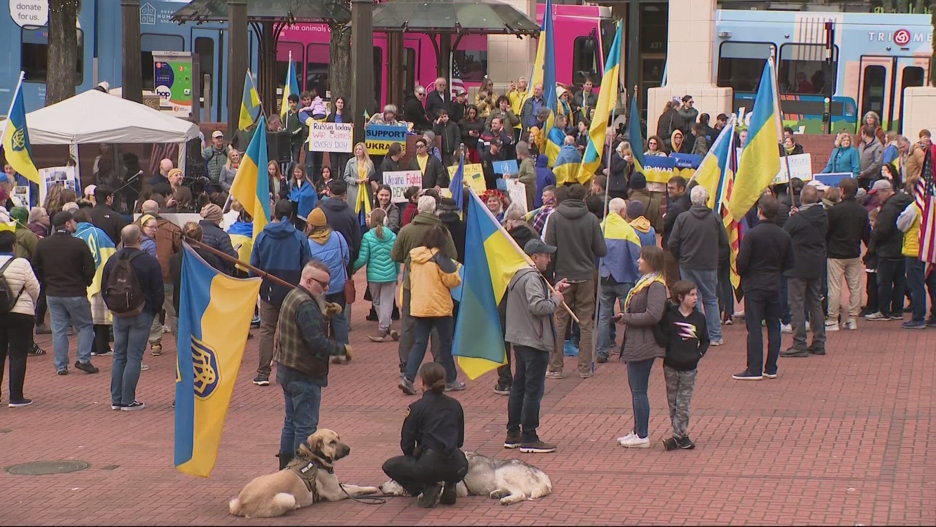 The crowd gathered at Pioneer Courthouse Square to spark awareness for the Ukrainians' plight and the need for more aid.