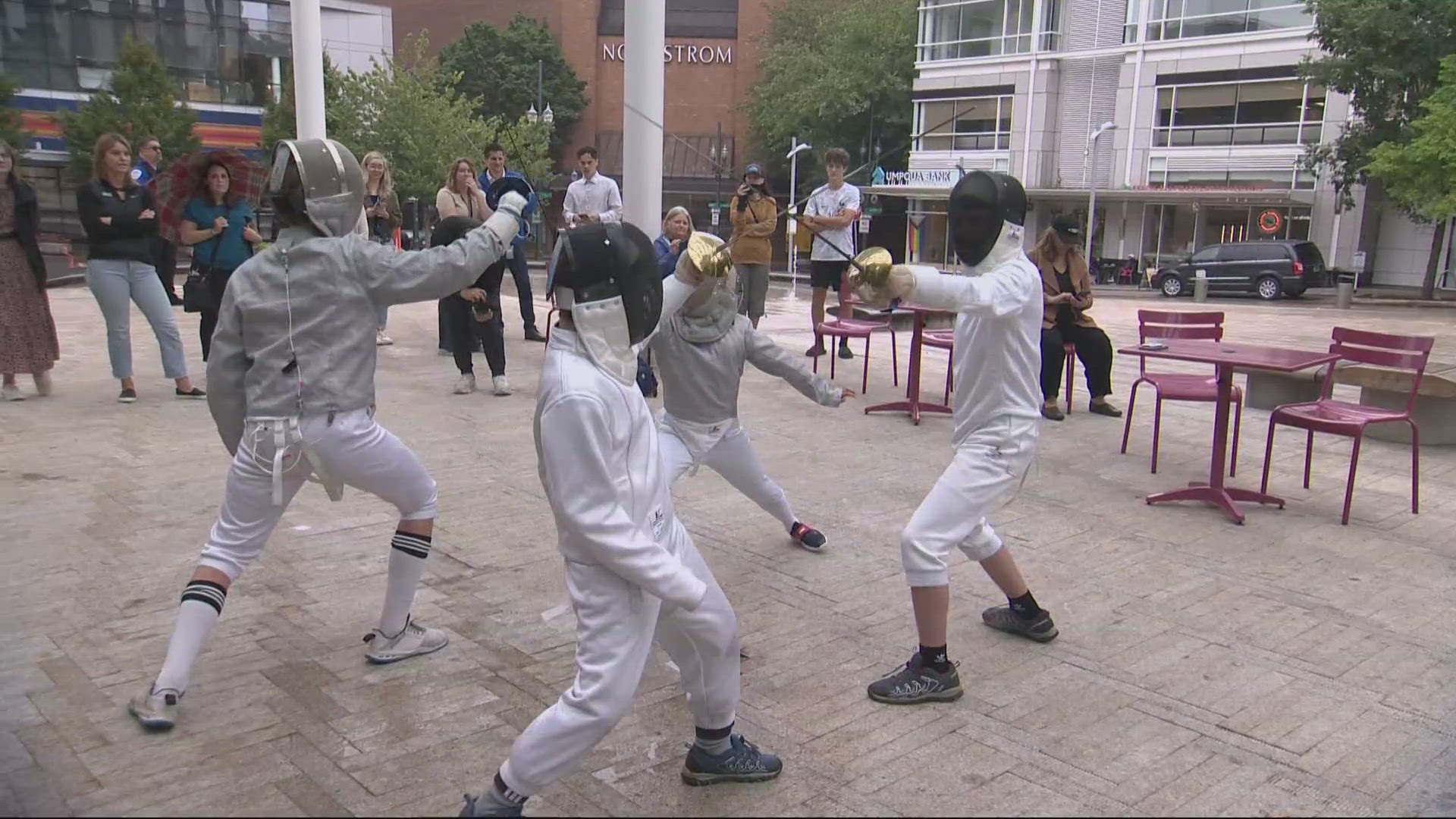 Fencing Across America is holding a fencing clinic at Director Park in downtown Portland, giving people a how-to of the sport.