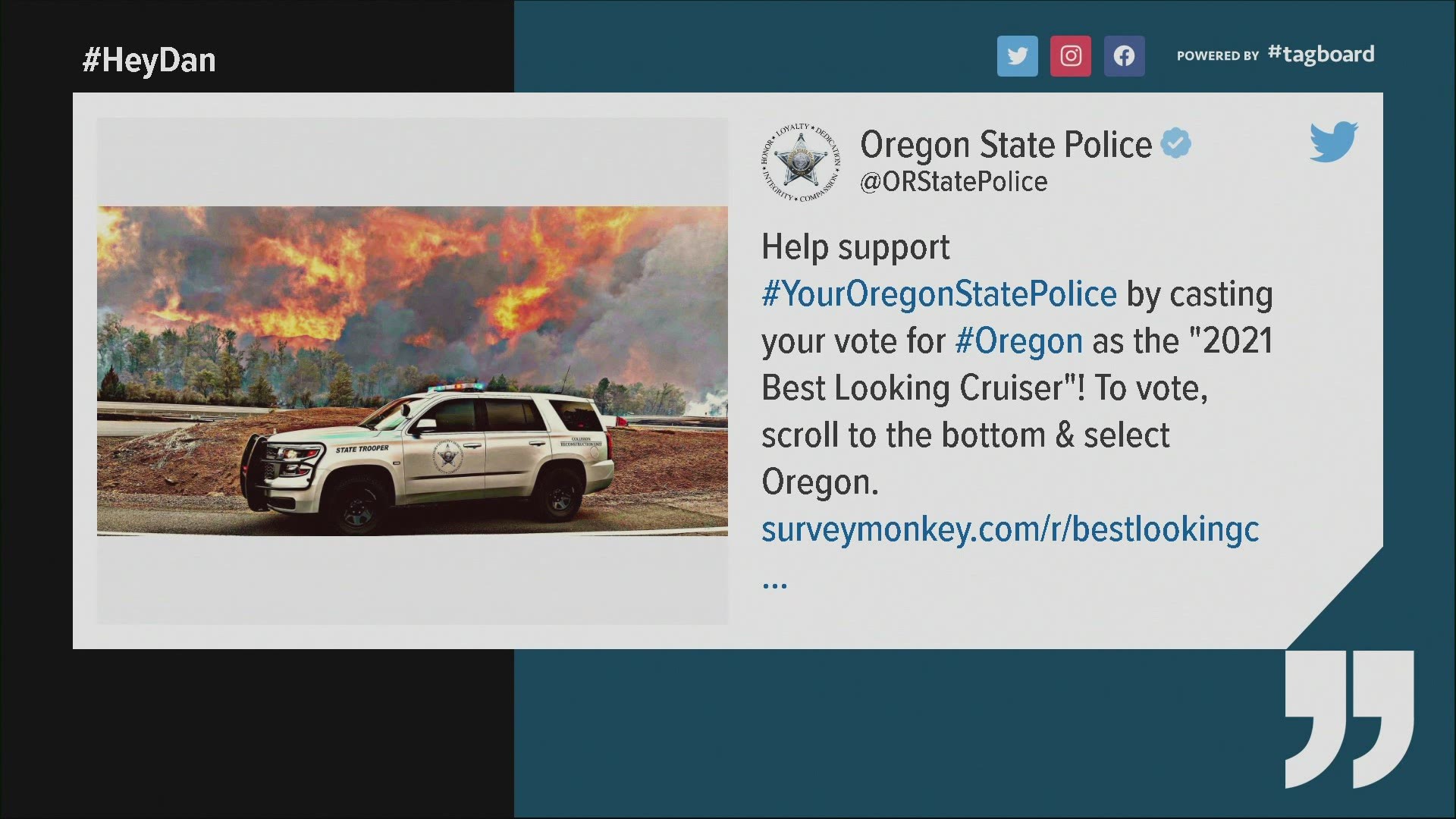 Oregon State Police facing backlash for posting photo of police vehicle in front of raging wildfire—and asking people to vote in a contest for “Best Looking Cruiser"