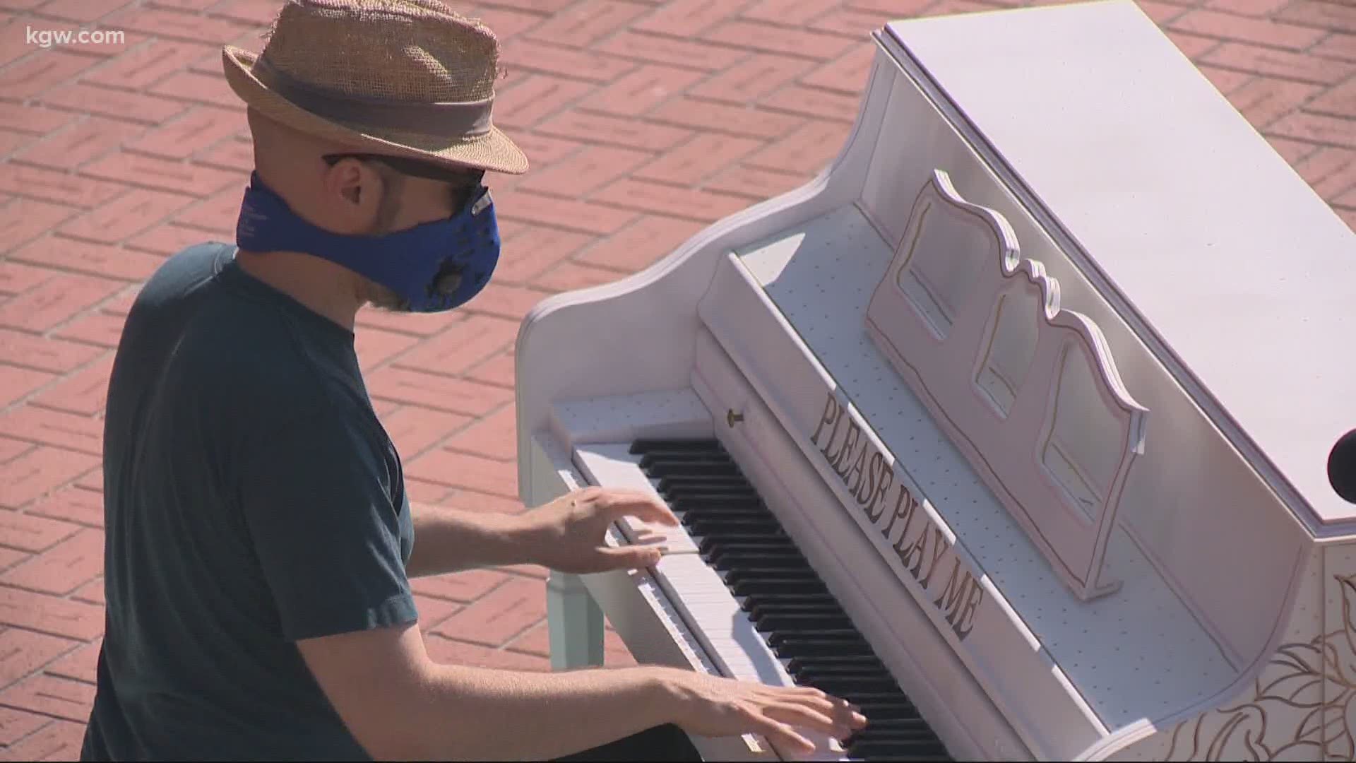 There are 10 pianos around Portland put in place for anyone who wants to play. One is at Pioneer Courthouse Square.