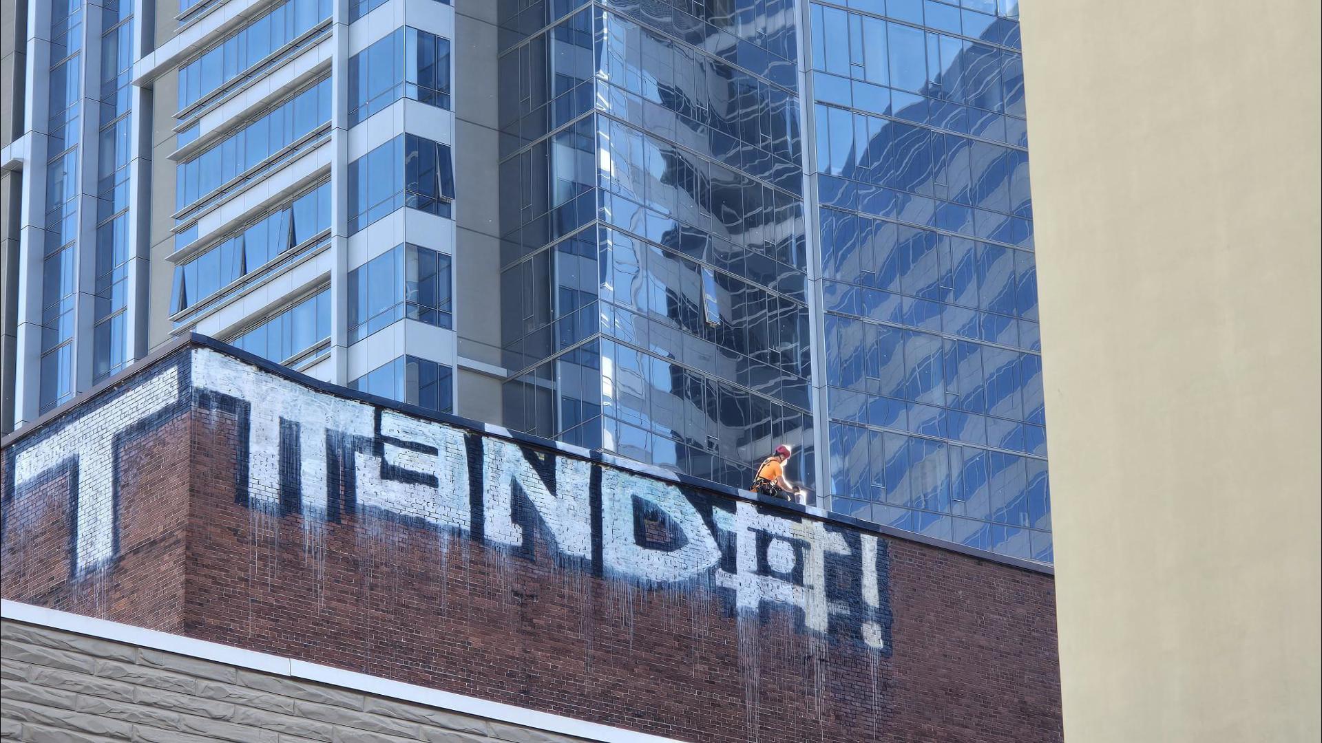 The Pythian Building has been defaced for several months, and it's finally being cleaned up.