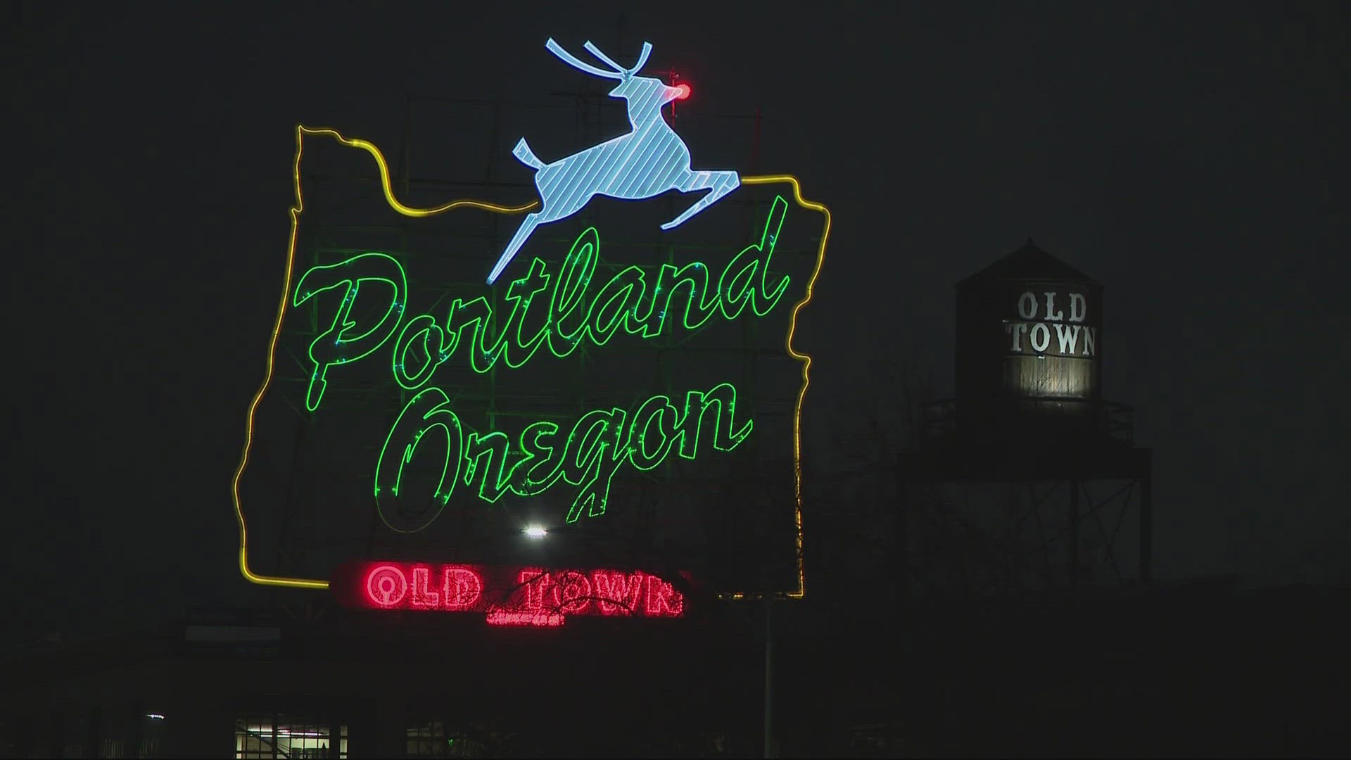 The holiday season has officially started in Portland, with the white stag sporting a shiny red nose on the iconic downtown sign.