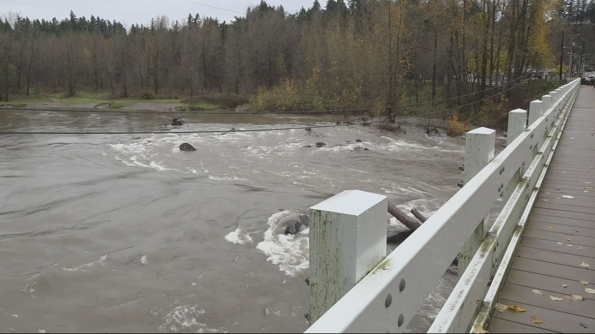 An atmospheric river is bringing on the precipitation, causing western Oregon rivers to rise and run faster amid increasing mountain runoff.