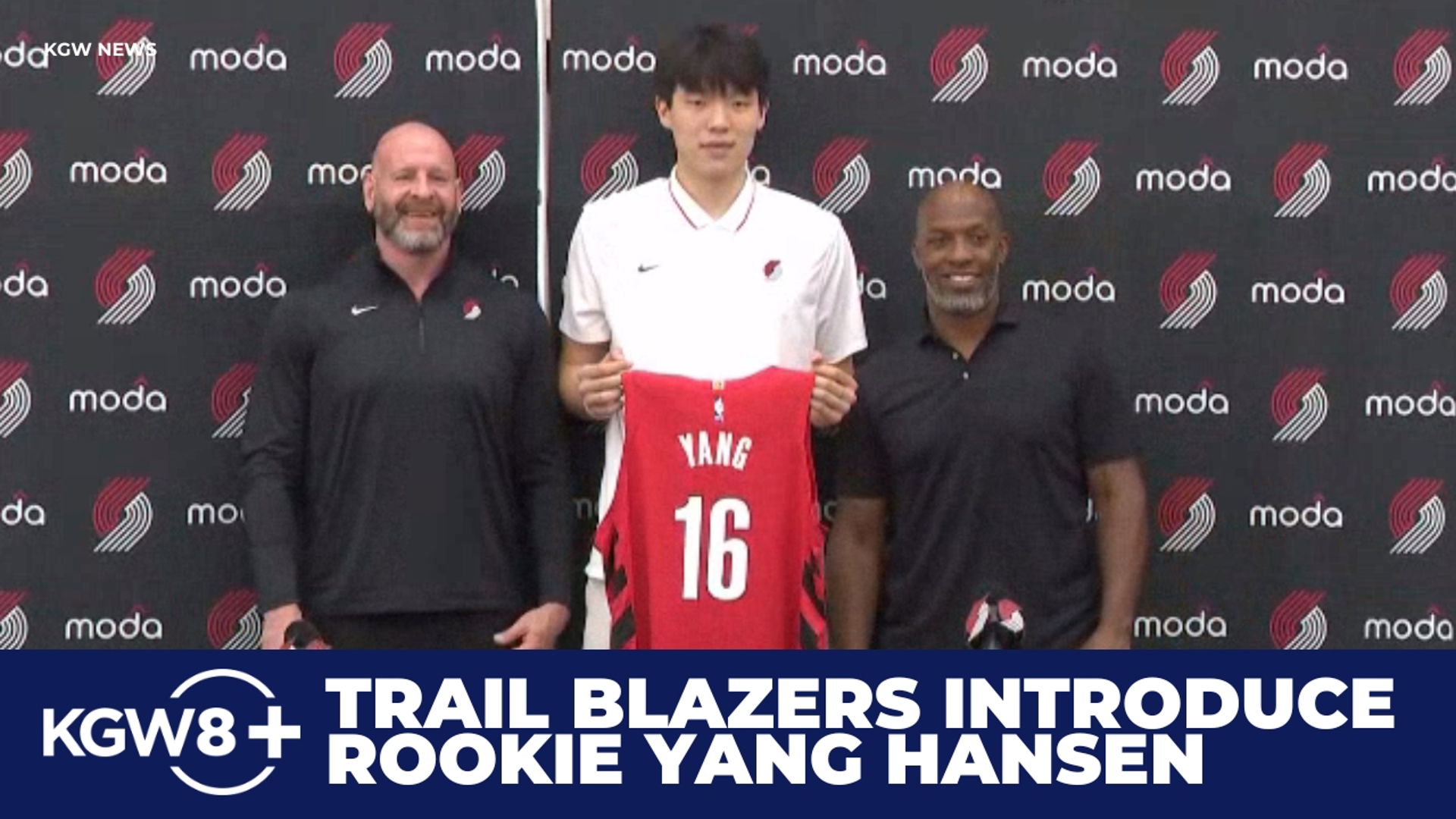 Portland Trail Blazers rookie center Yang Hansen speaks to the Portland media. He was joined by head coach Chauncey Billups and general manager Joe Cronin.