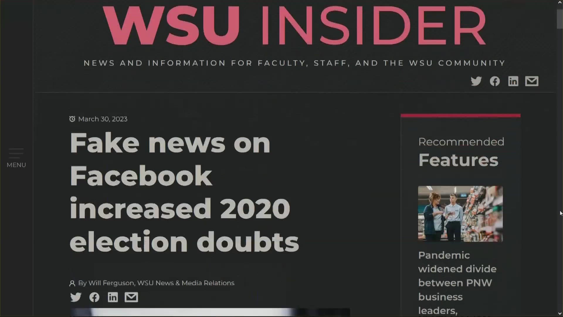 The WSU study shows when it comes to fake news about the 2020 election, users of Facebook were most likely to be reading in than users of any other social platform.