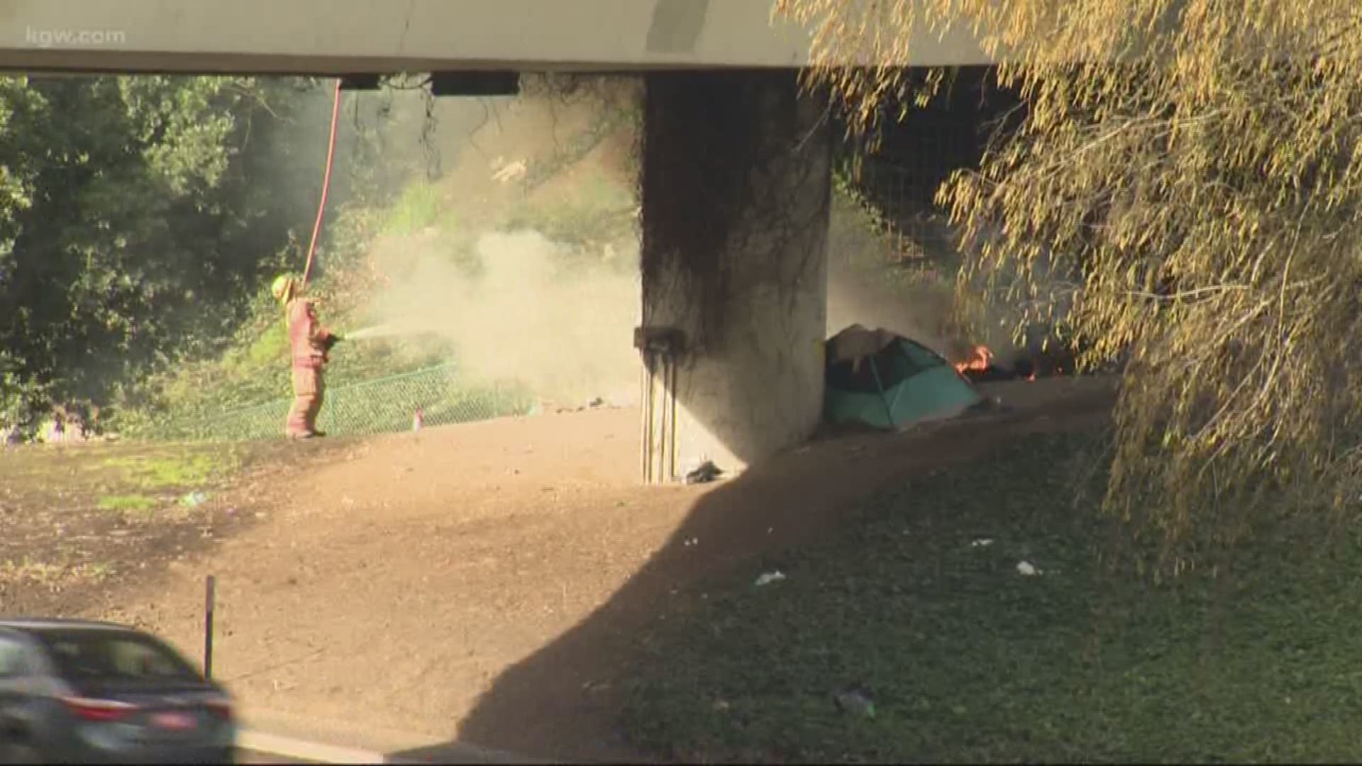 Fire breaks out at downtown Portland homeless camp