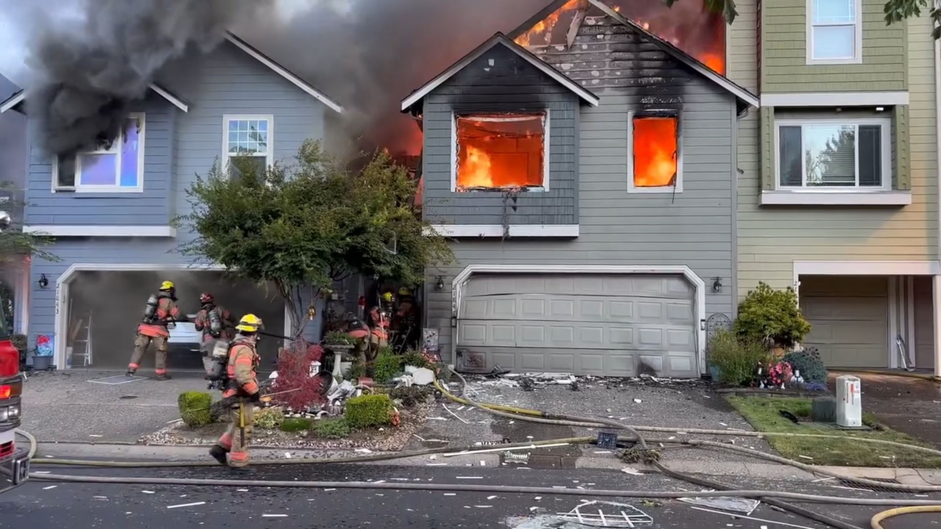 The Saturday morning crash sparked a blaze that spread to four townhome units, and damaged a power line causing a temporary outage for about 9,000 PGE customers.