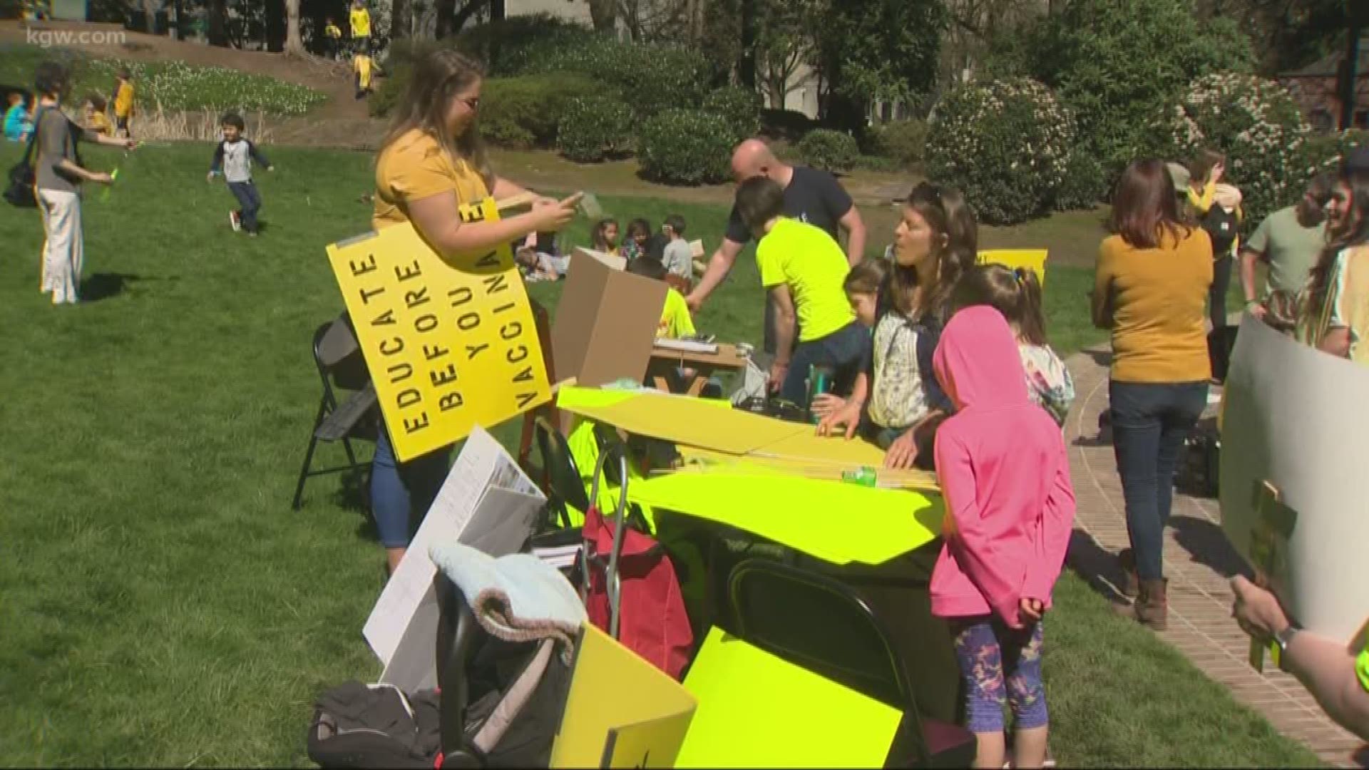 Families rally against a bill in Oregon that would limit vaccine exemptions.