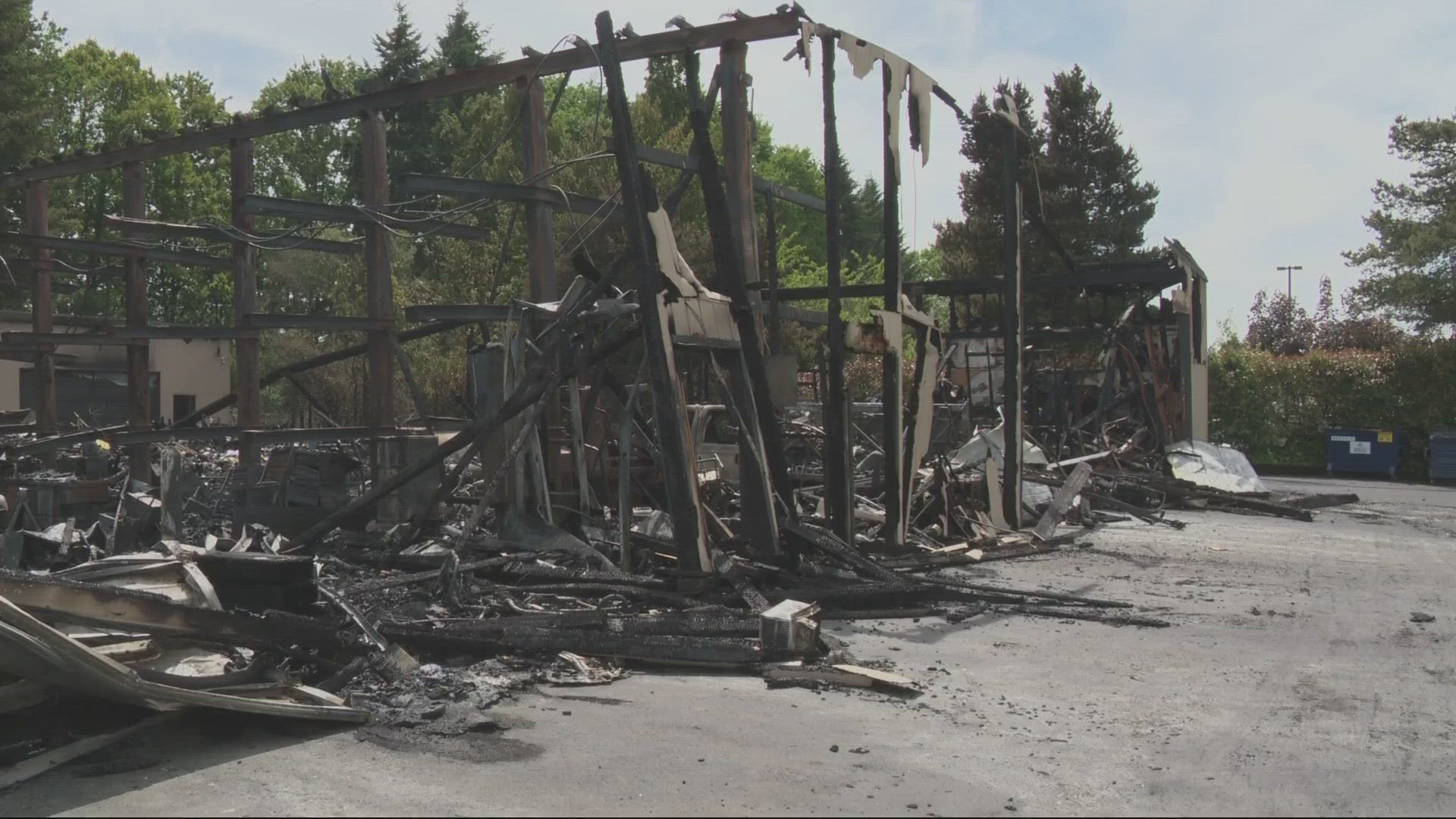The shared commercial building in a business park in Salmon Creek was fully engulfed in flames when fire crews arrived.