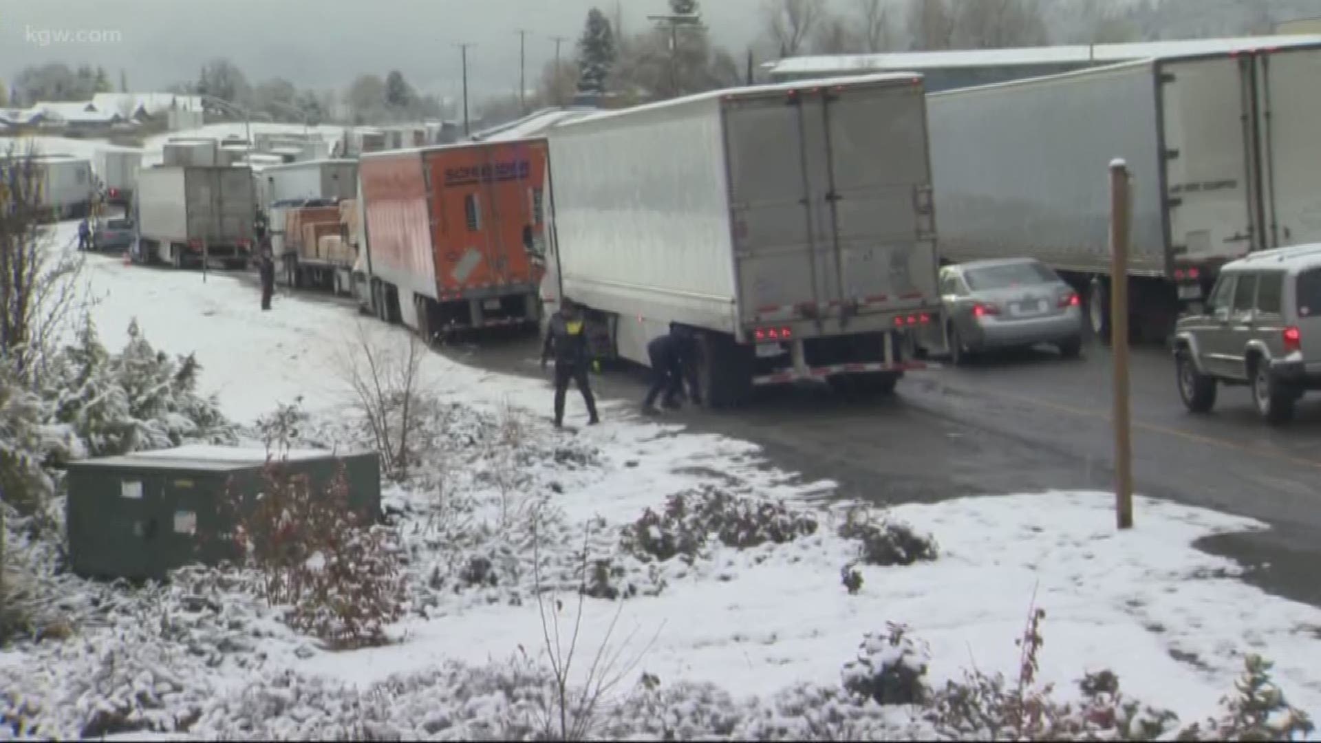 I-5 was shut down overnight Tuesday in southern Oregon, where power outages were abundant.