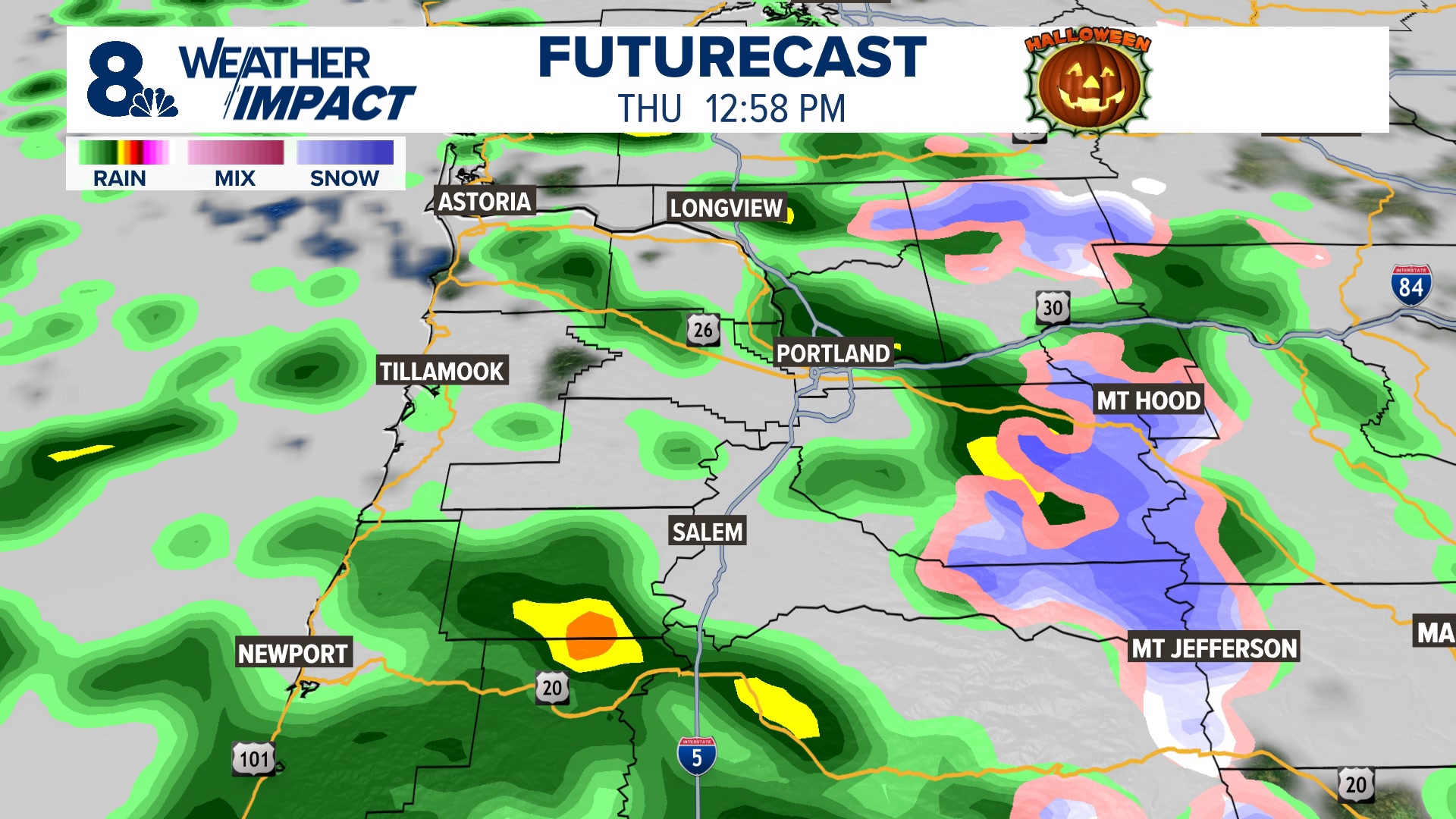 There's a high chance of rain in the forecast for Halloween night in the Portland area, with peppered showers expected through Thursday evening.