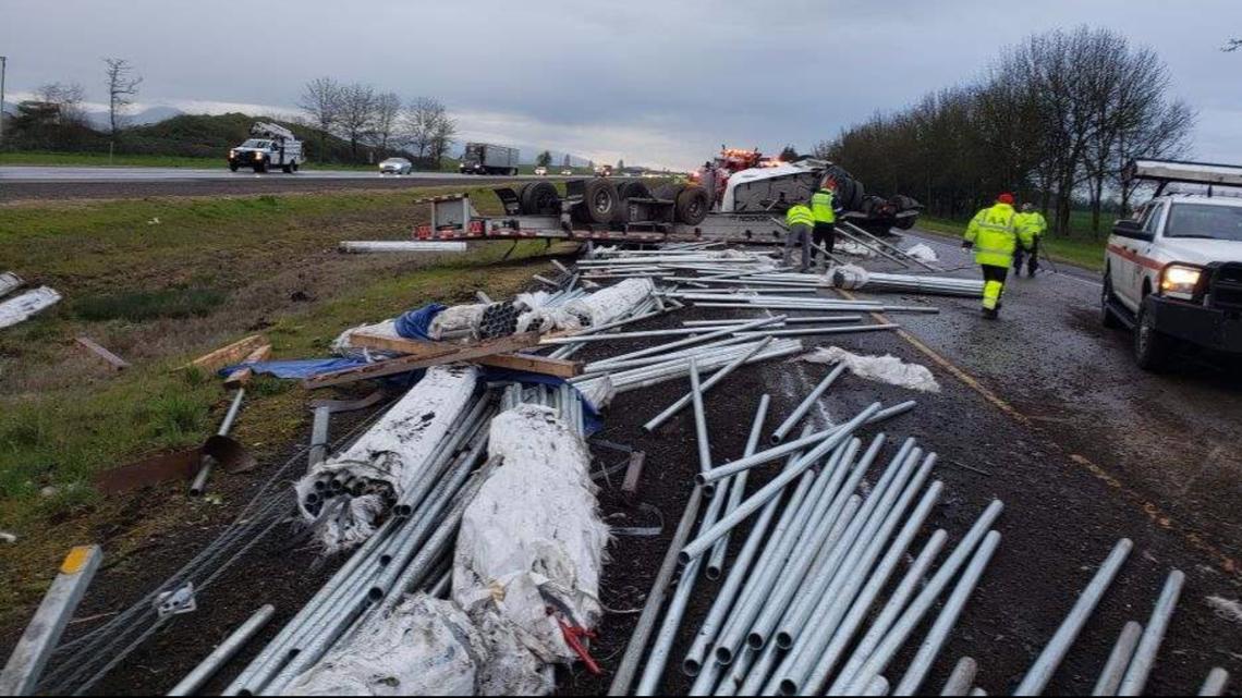 Overturned semi creates highway closure on I-5 near Corvallis | kgw.com