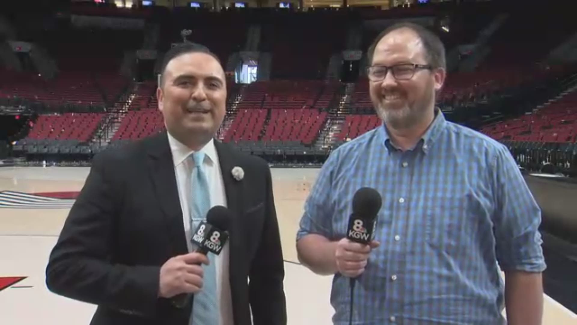 KGW's Orlando Sanchez and Jared Cowley react to the Blazers' 104-99 win in Game 1 against the Oklahoma City Thunder.