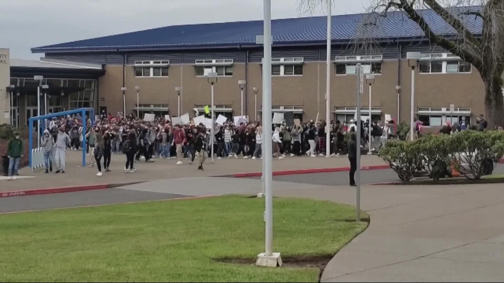 Students at Oregon City High School staged a walkout over a video shown during an assembly that was meant to speak to mental health struggles.