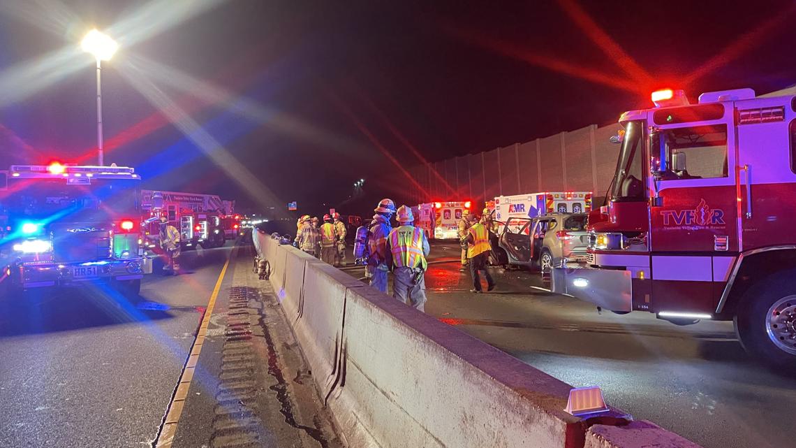 4 hospitalized after crash, vehicle fire on southbound Highway 217 in Tigard