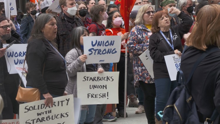 'We deserve better': Portlanders rally in favor of unions at Amazon, Starbucks