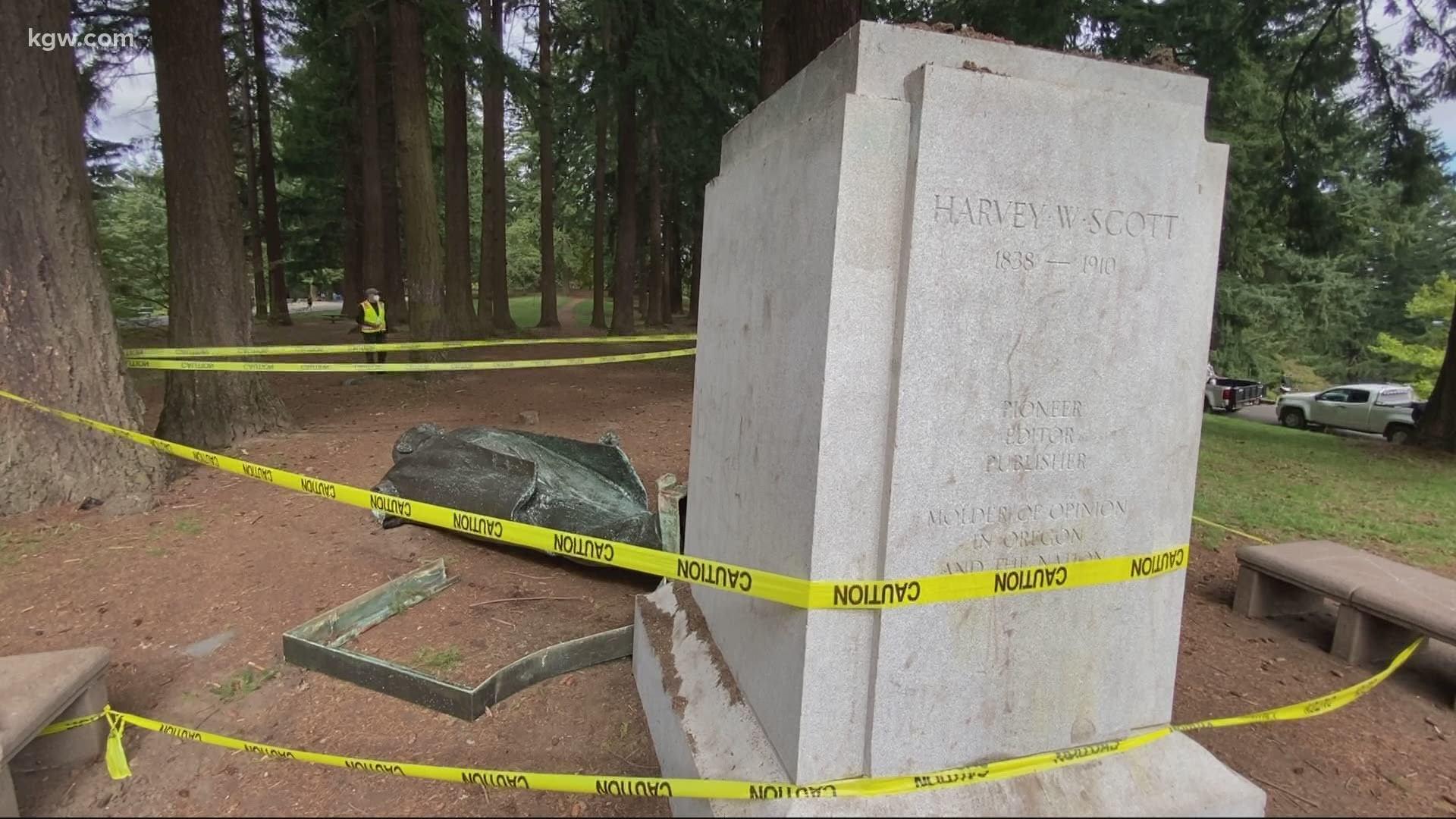 A statue of Harvey Scott was toppled overnight. Scott was a longtime editor at The Oregonian and the brother of Abigail Scott Duniway, a champion for women's rights.
