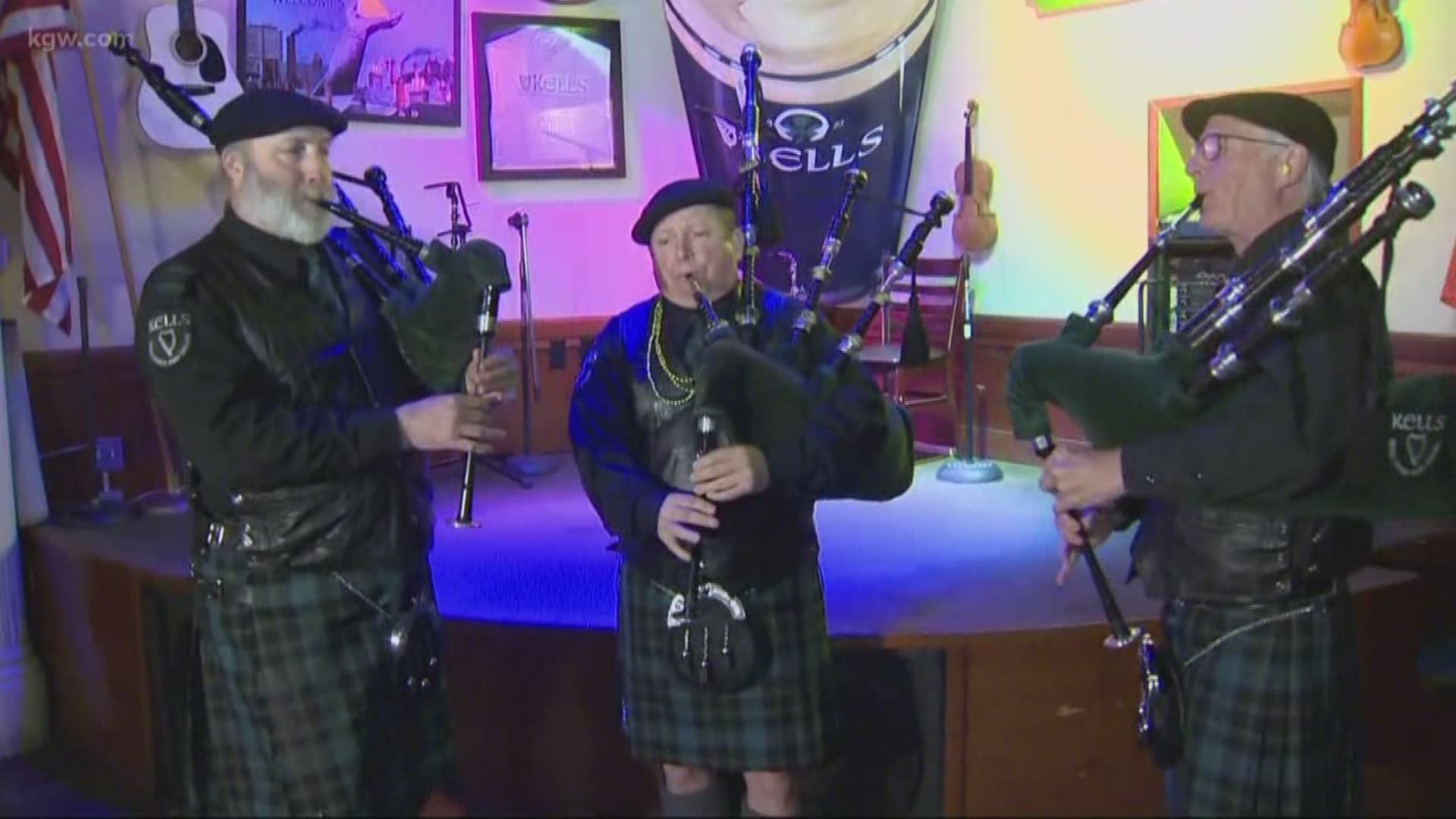 Bagpipers perform at the restaurant in anticipation of St. Patrick's Day.