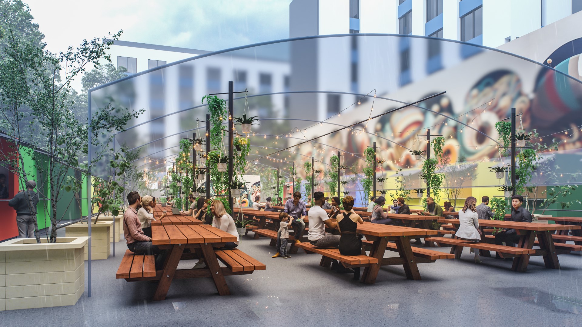 The pod will feature a fun outdoor dining experience with over 300 seats available, and existing food carts expected to return as soon as July.