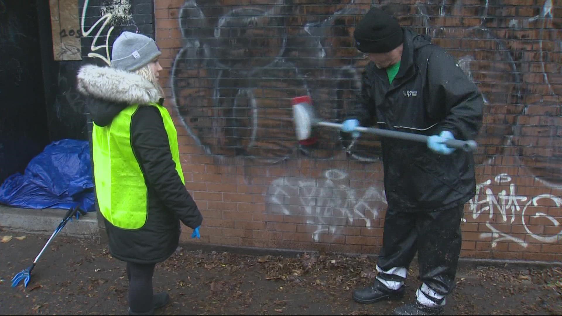 One Block At A Time, a new project to pick up trash and wash away graffiti in several neglected blocks in downtown Portland, launched Friday.