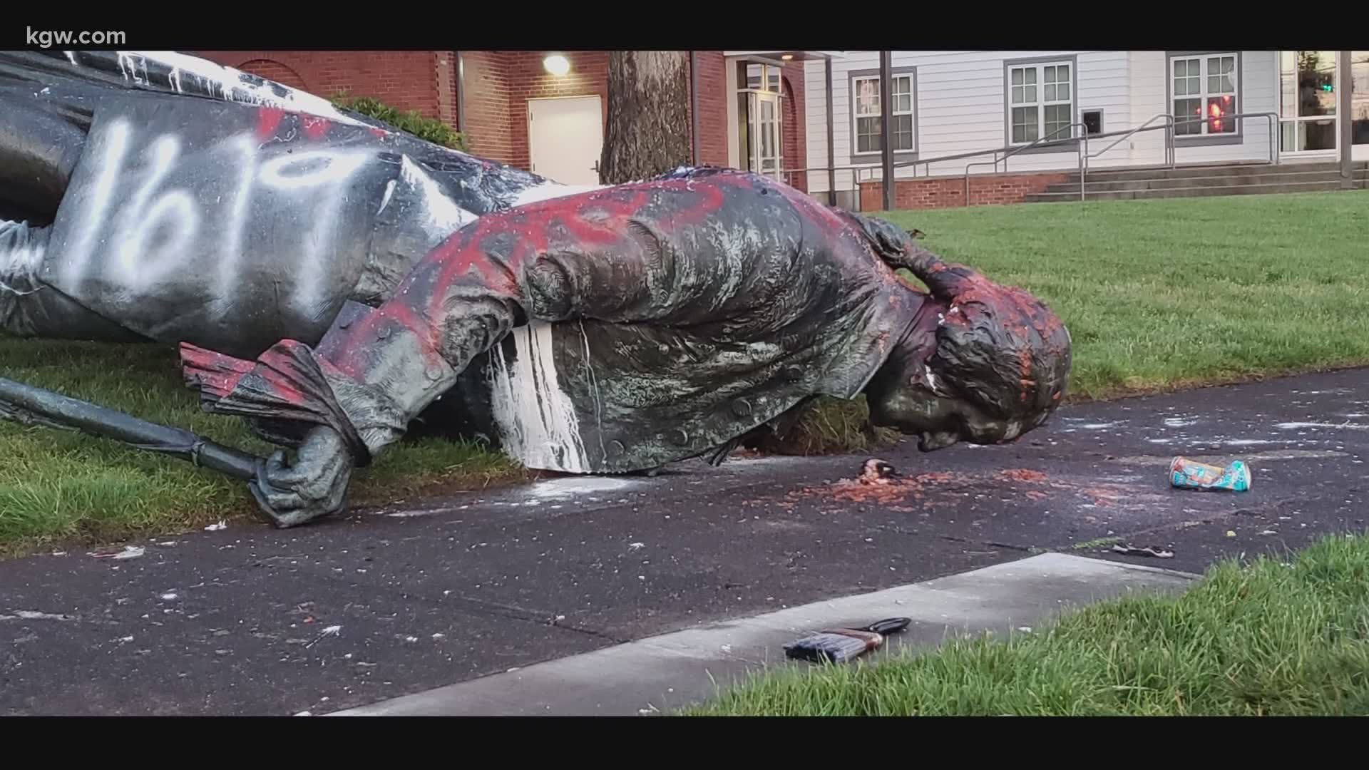 A long standing statue of George Washington was toppled and spray painted Thursday night.
