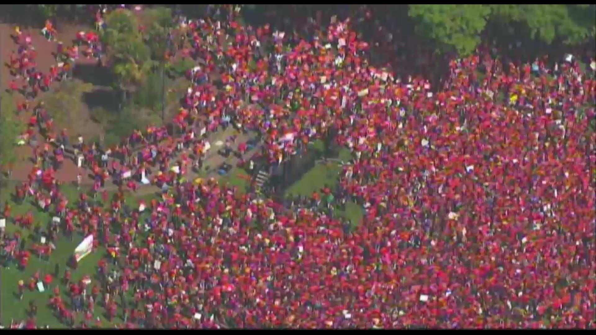 A sea of red can be seen at Portland's Waterfront park as teachers rally for more funding for education in Oregon