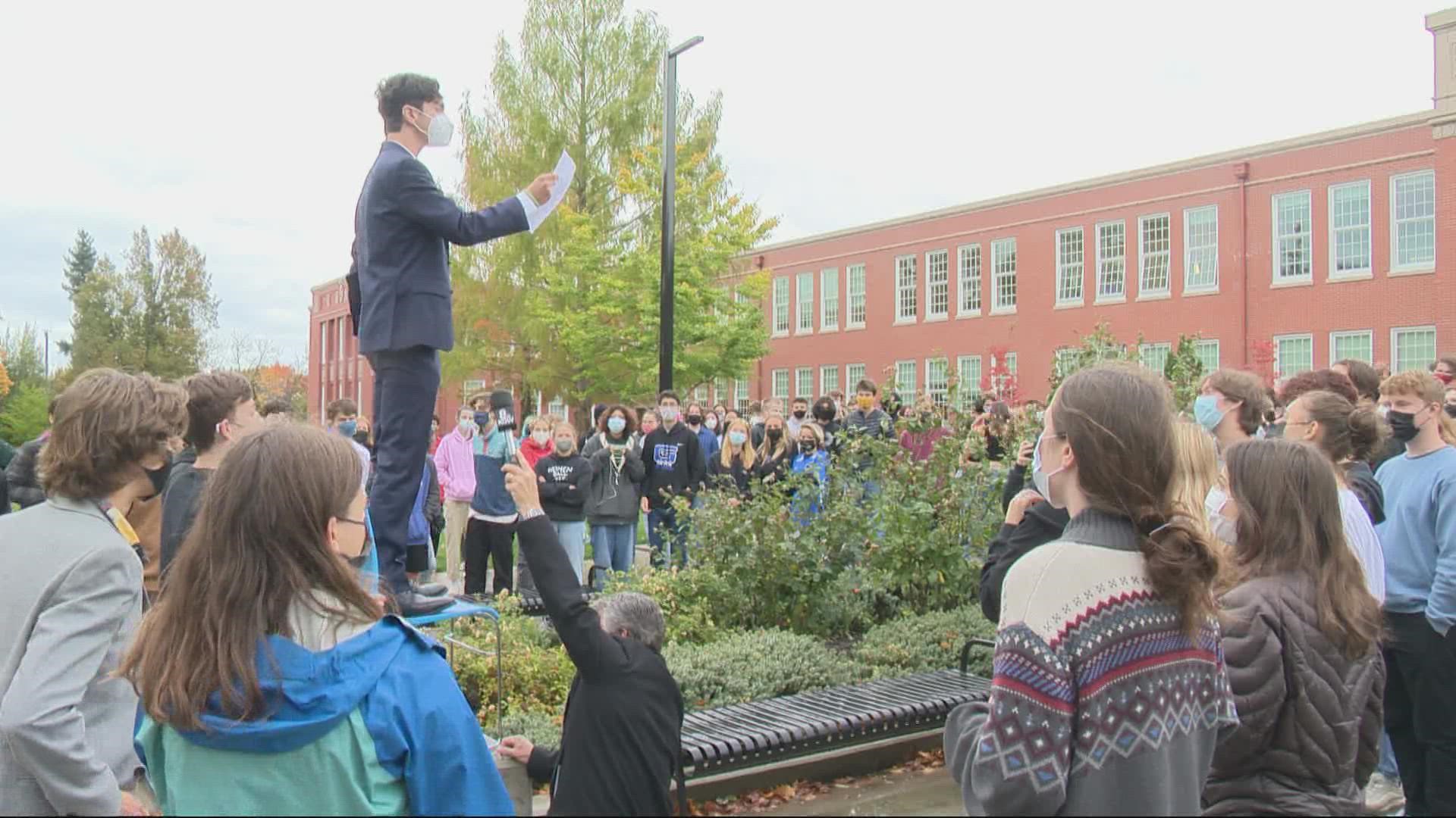 At least 200 students walked out of class on Oct. 26 to voice their support for a proposed vaccine mandate for Portland Public Schools.