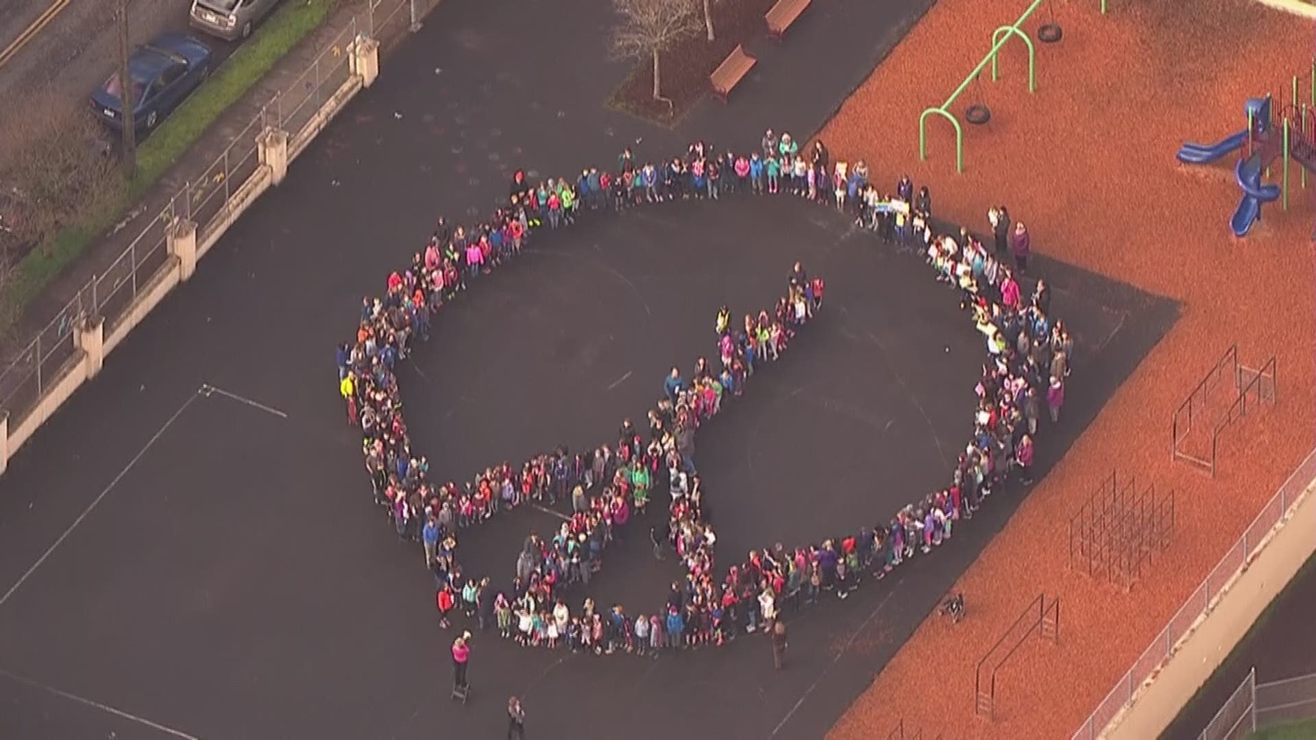 Students at Portland's Glencoe Elementary School form a peace sign during the March 14 national walkouts to promote gun control reform