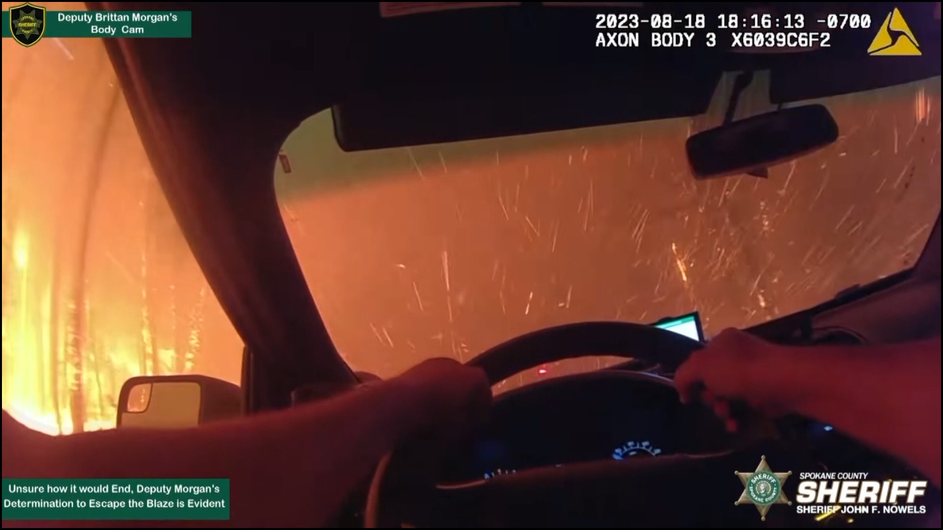 After evacuating as many people as possible, Deputy Brittan Morgan came face-to-face with the fire. His trip through the flames was captured on his body camera.