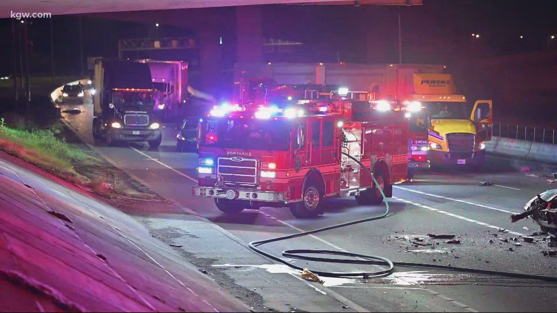 A crash involving a wrong-way driver on Interstate 84 near Northeast Halsey Street shut down all eastbound lanes of the freeway in the area.