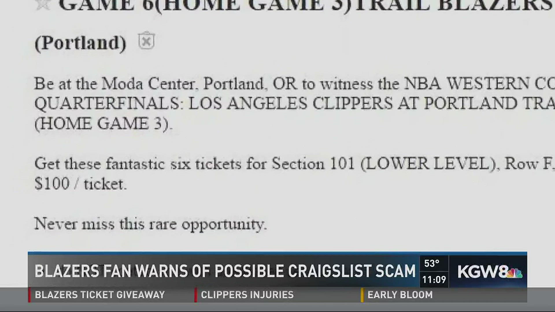 Blazers fan warns of possible craigslist scam