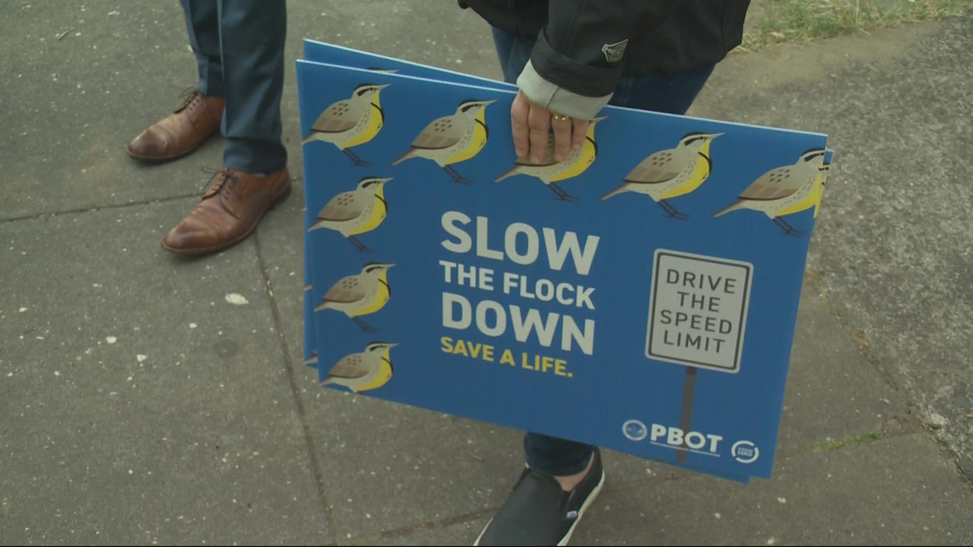 The Portland Bureau of Transportation is spending about $120,000 on signs with the message 'Slow the Flock Down.' The aim is to curb serious crashes.