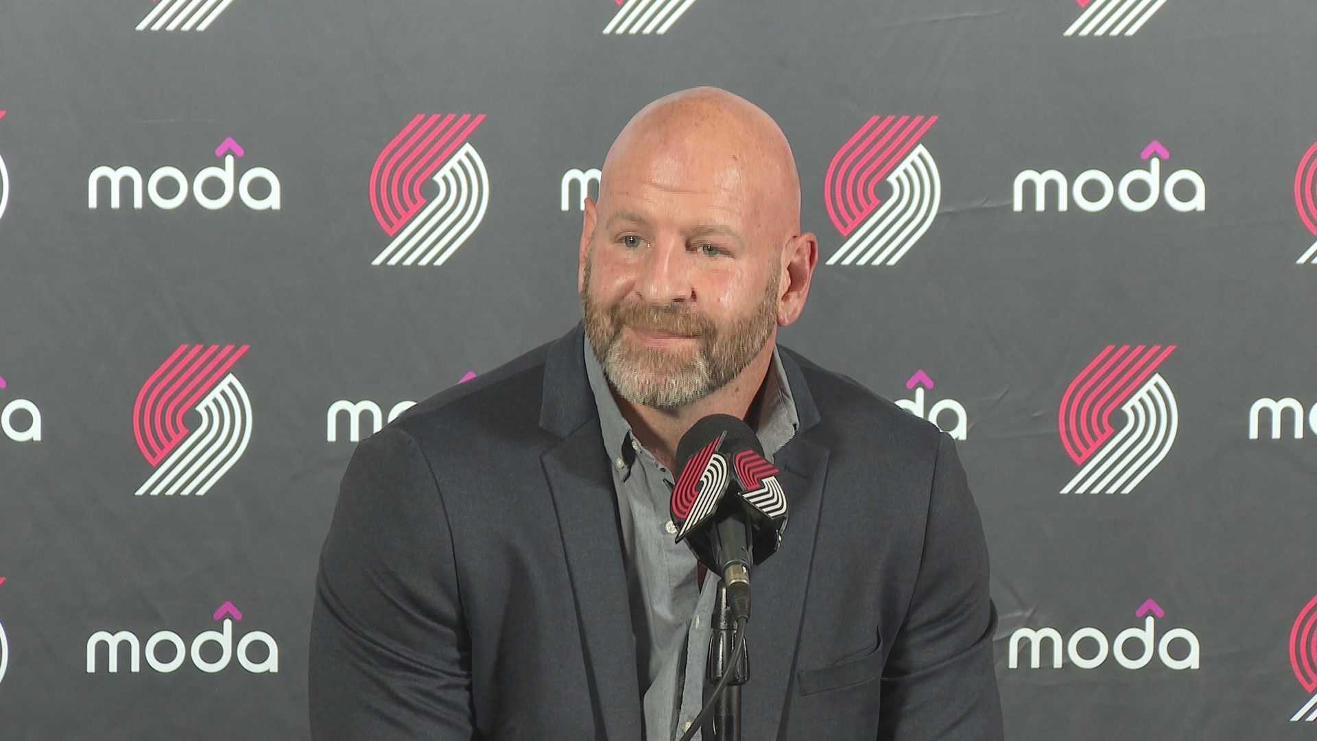 Portland Trail Blazers general manager Joe Cronin speaks to the press during 2024 media day.