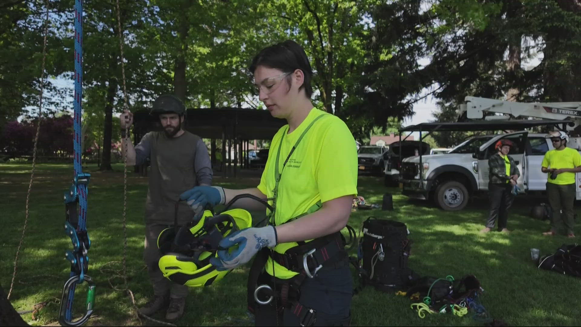 The city of Portland's Urban Forestry Unit is busy training its team of arborists. Five new employees participated in aerial bucket truck rescue training.