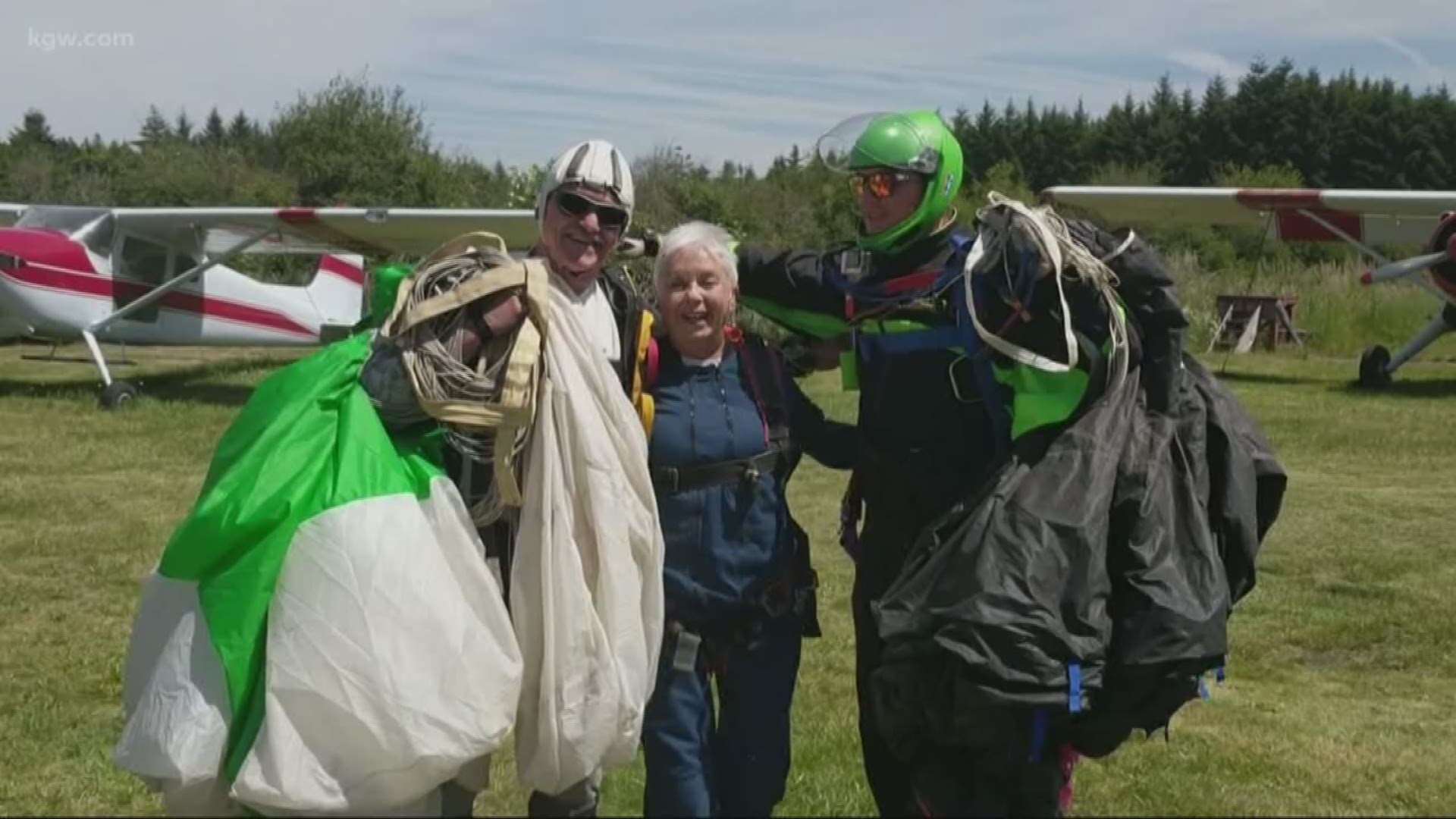 Shirley Romig, a Battle Ground, Washington woman, went skydiving for her 73rd birthday to raise money for an organization that pairs veterans in need with service dogs.