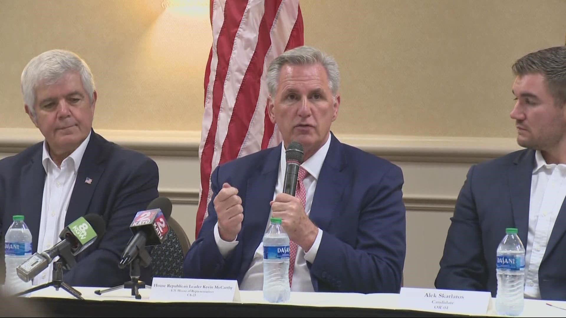 U.S. House Minority Leader Kevin McCarthy paid a visit to Oregon today. He’s stumping for three GOP candidates trying to flip blue congressional seats.