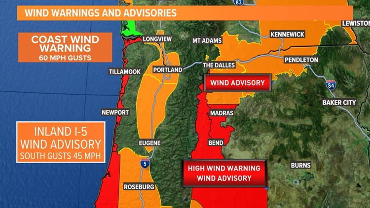 Timeline for Thursday's wind advisories and warnings across Oregon