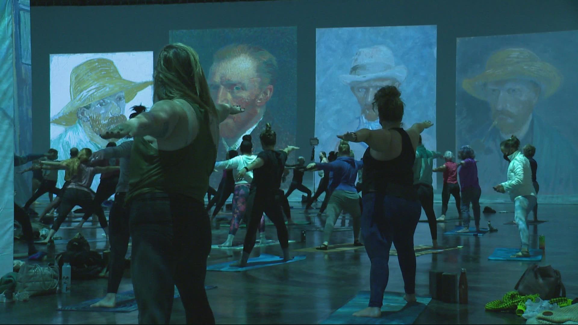 A class at the Oregon Convention Center allows people to practice yoga while viewing Van Gogh's art. It's suitable for people with all levels of experience.